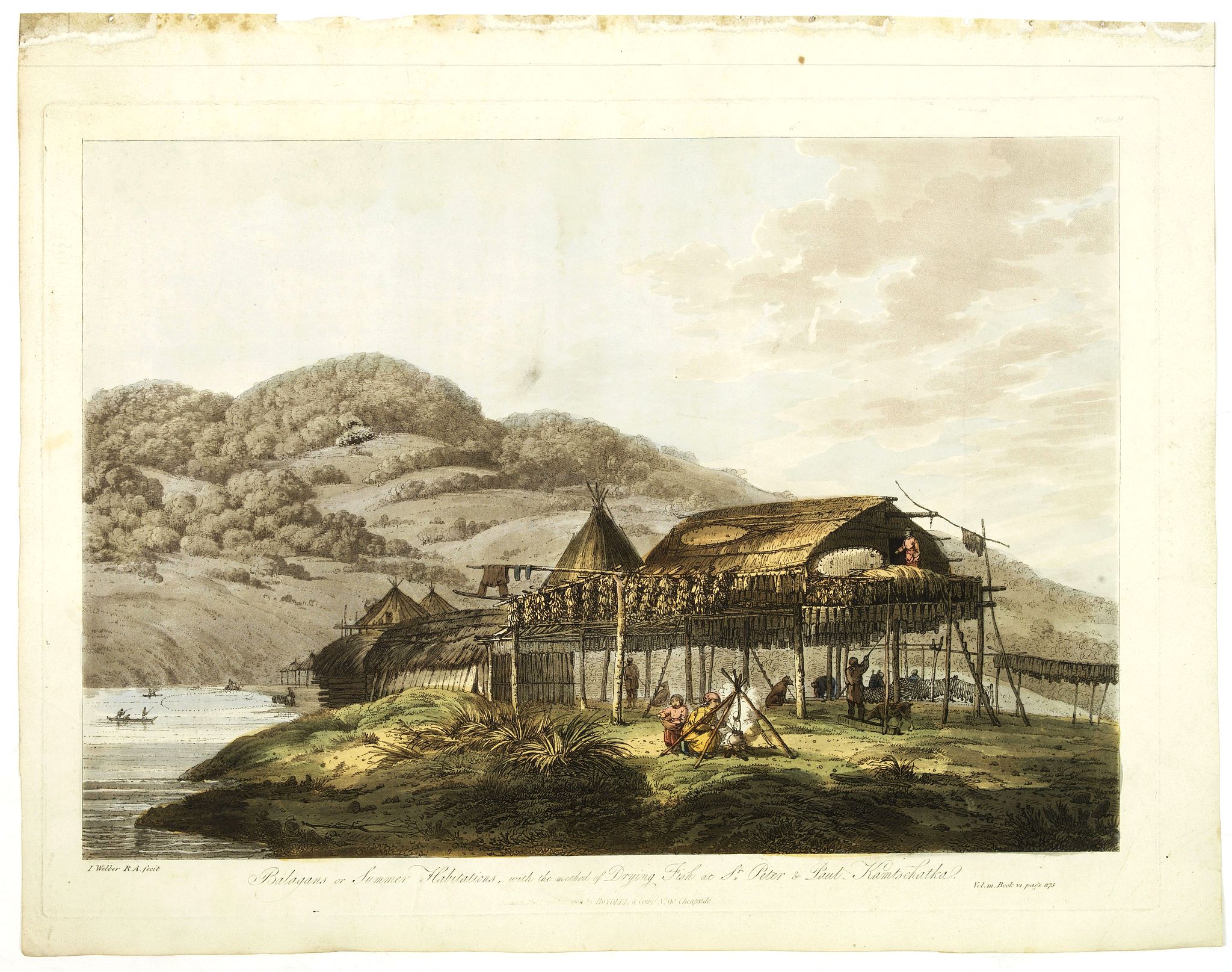 WEBBER, J., Balagans or summer habitations, with the method of drying fish at St. Peter and Paul, Kamtschatka., antique map, old maps