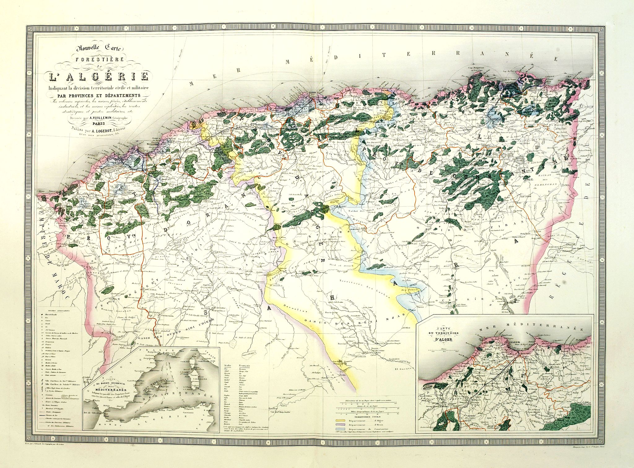 LOGEROT, A., Nouvelle carte forestière de l'Algérie indiquant la division territoriale civile et militaire par provinces et départements., antique map, old maps