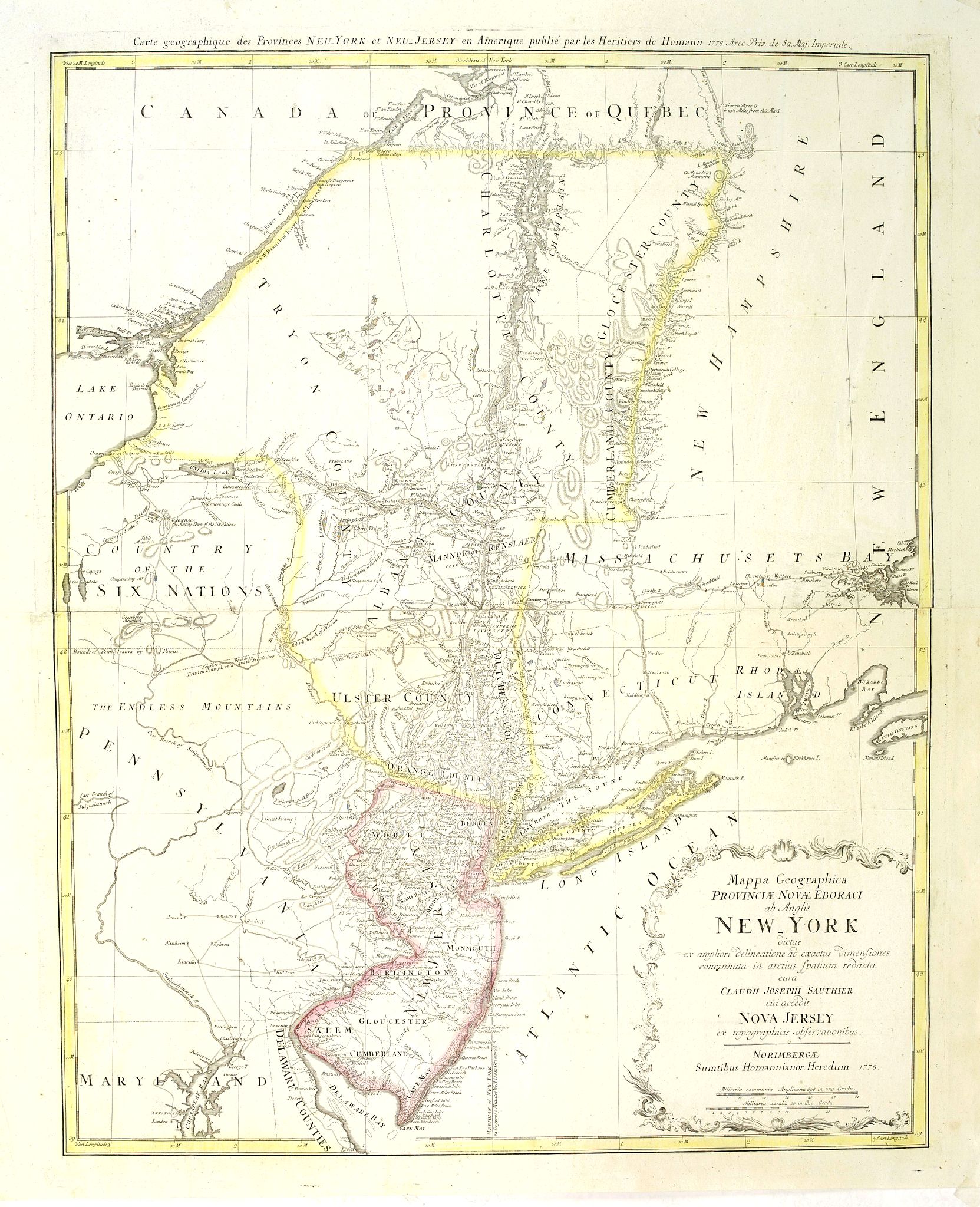HOMANN HEIRS., Mappa geographica Provinciæ Nova Eboraci ab Anglis New-York dictæ ex ampliori delineatione ad exactas dimensiones concinnata in arctius spatium redacta cura Claudii Josephi Sauthier cui accedit Nova Jersey ex topographicis observationibus., antique map, old maps