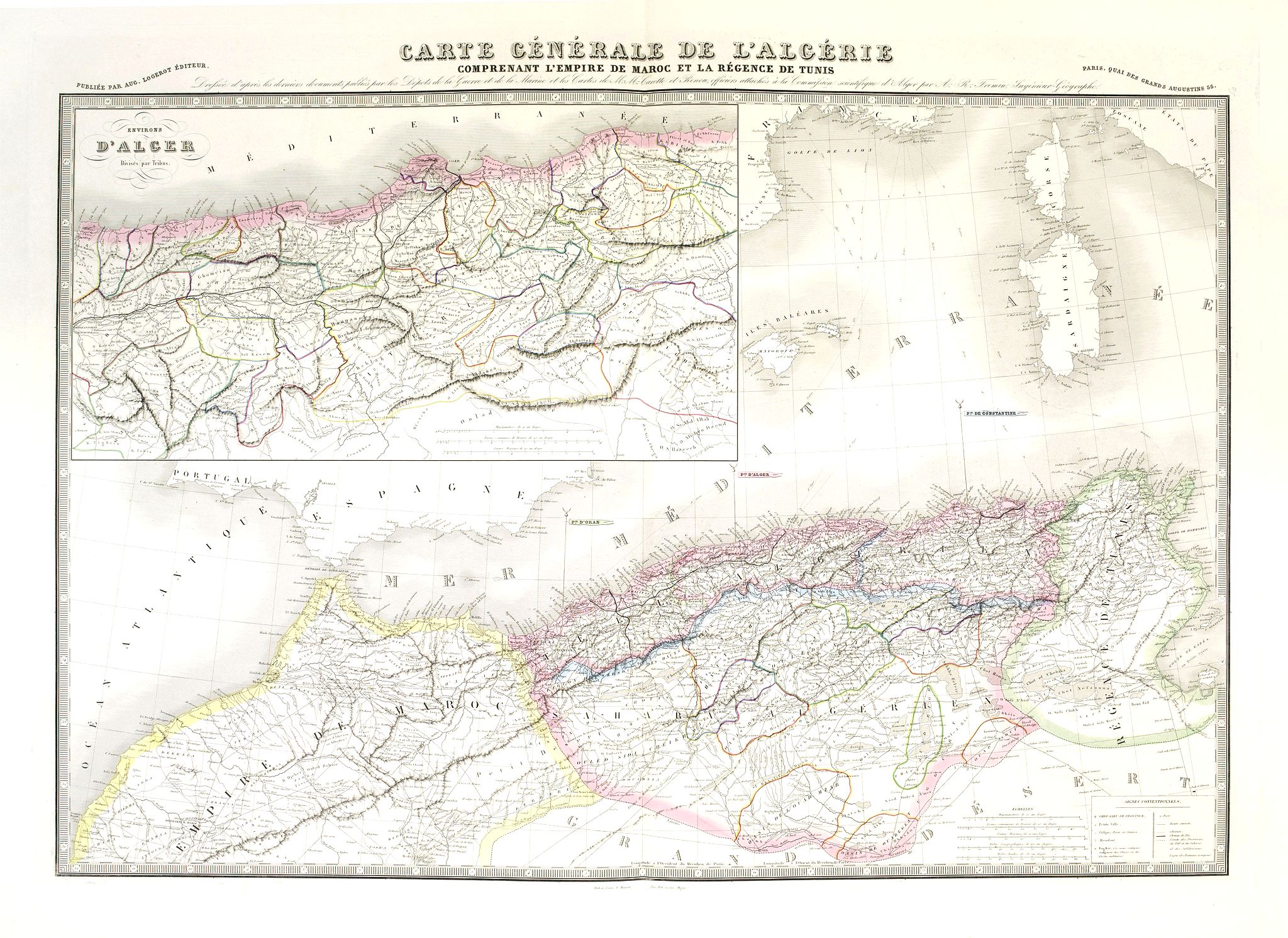 LOGEROT, A., Carte générale de l'Algérie comprenant l'empire de Maroc et la régence de Tunis. Dresée d'après les derniers documents publiés par les Dépots de la Marine. . ., antique map, old maps