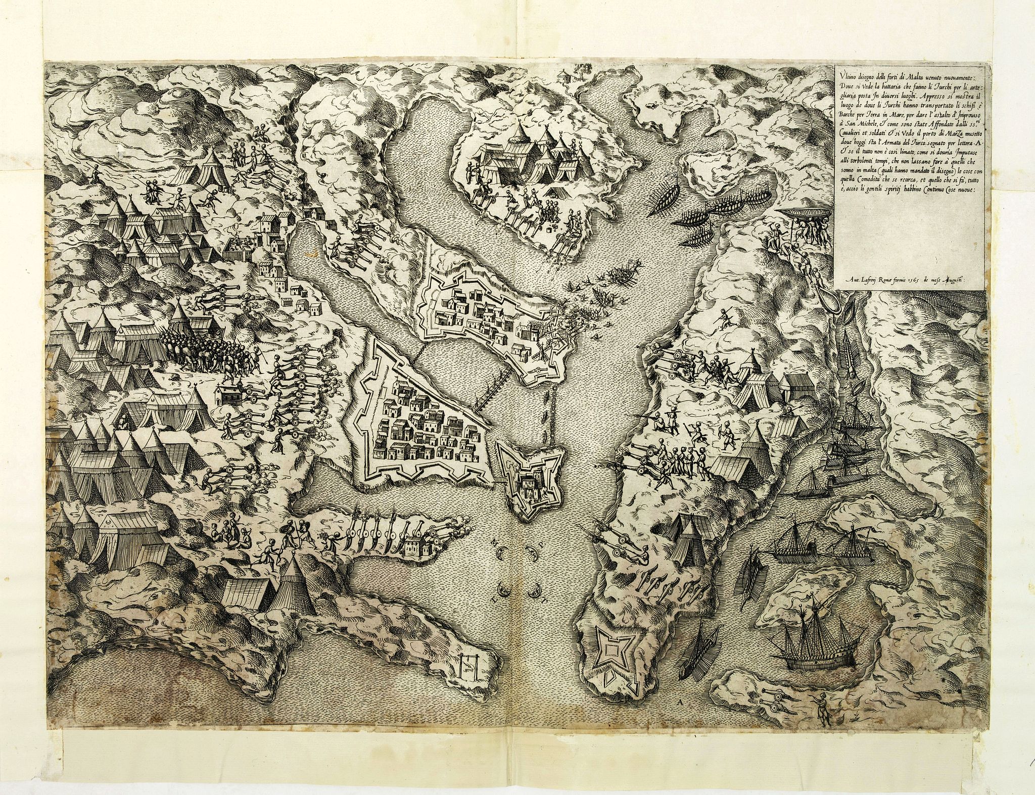 LAFRERI, Ultimo disegno delli forti di Malta uenuto novamente. . . Ant. Lafrerj Romae formis 1565 de Mese Augusti., antique map, old maps