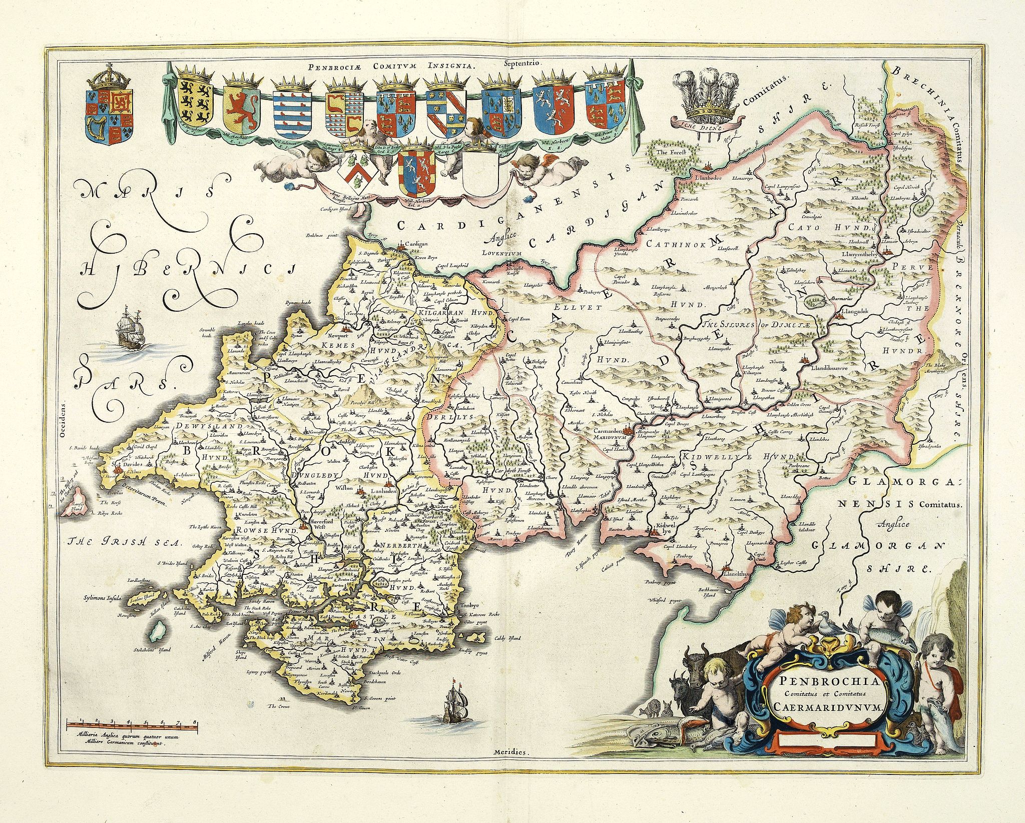 BLAEU, J., Penbrochia Comitatus et Comitatus Caermaridunum., antique map, old maps
