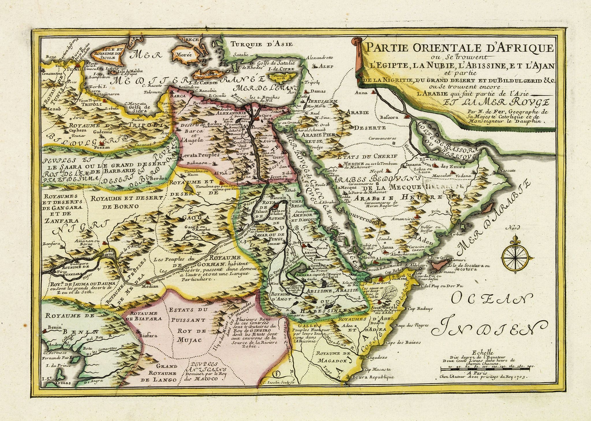 DE FER, N., Partie Orientale d'Afrique ou se trouvent l'Egipte, La Nubie. . . L.Arabie . . . Et la Mer Rouge., antique map, old maps