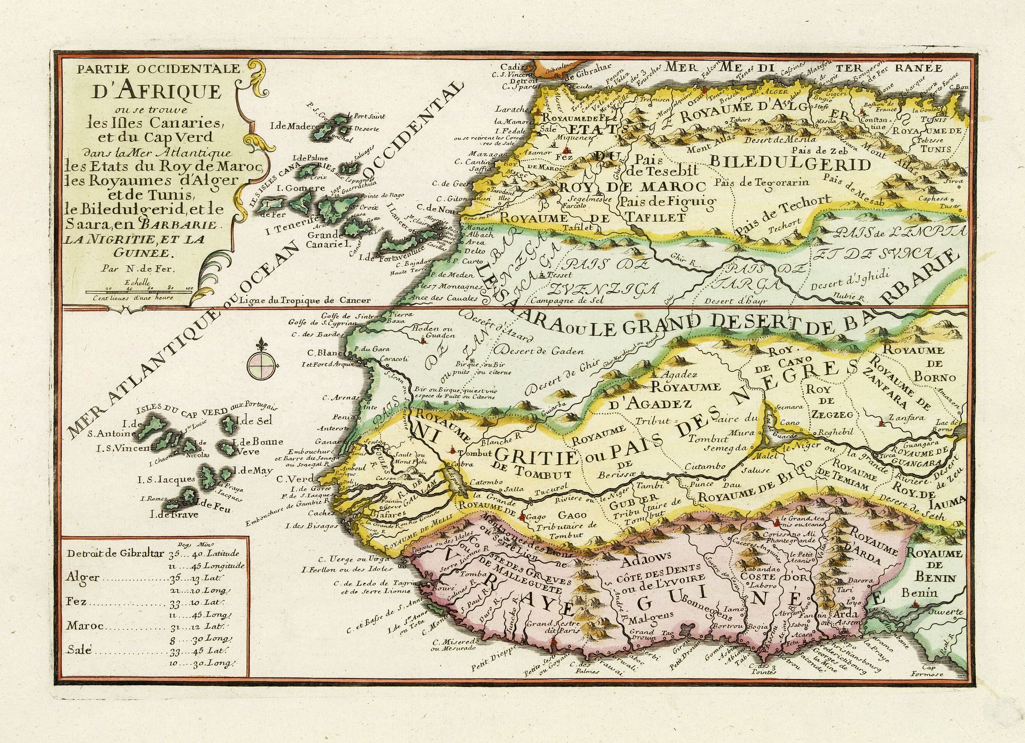 DE FER, N., Partie occidentale d'Afrique ou se trouve les Isles Canaries. . ., antique map, old maps