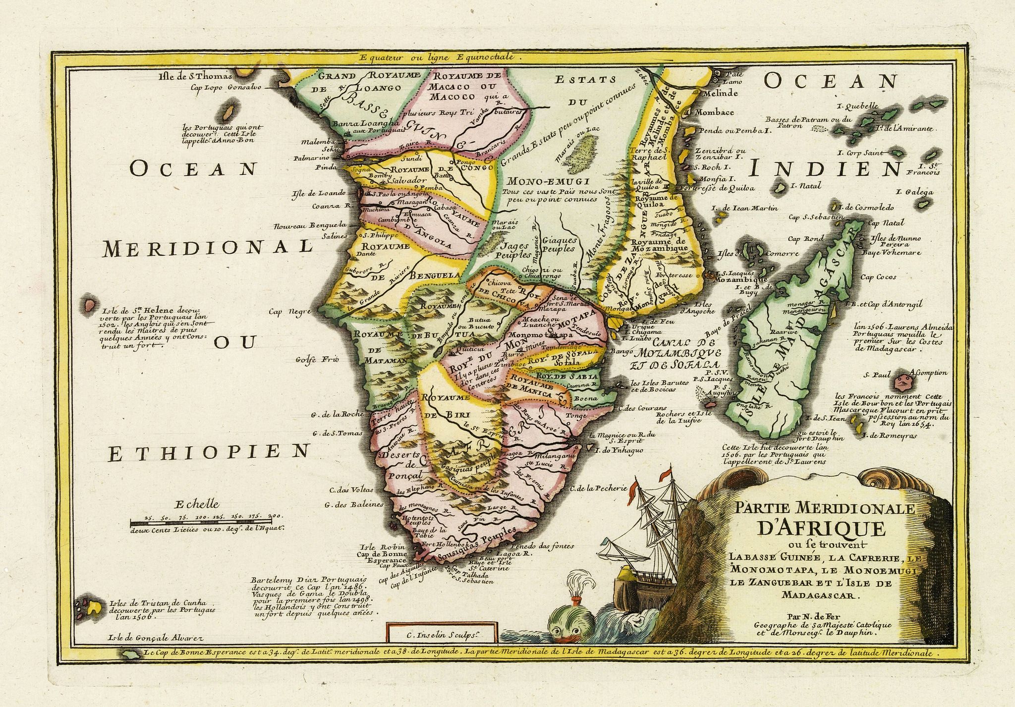 DE FER, N., Partie méridionale d'Afrique où se trouvent la Basse Guinée, la Cafrerie, le Monomotapa, le Monoemugi, le Zanguebar et l'isle de Madagascar, antique map, old maps