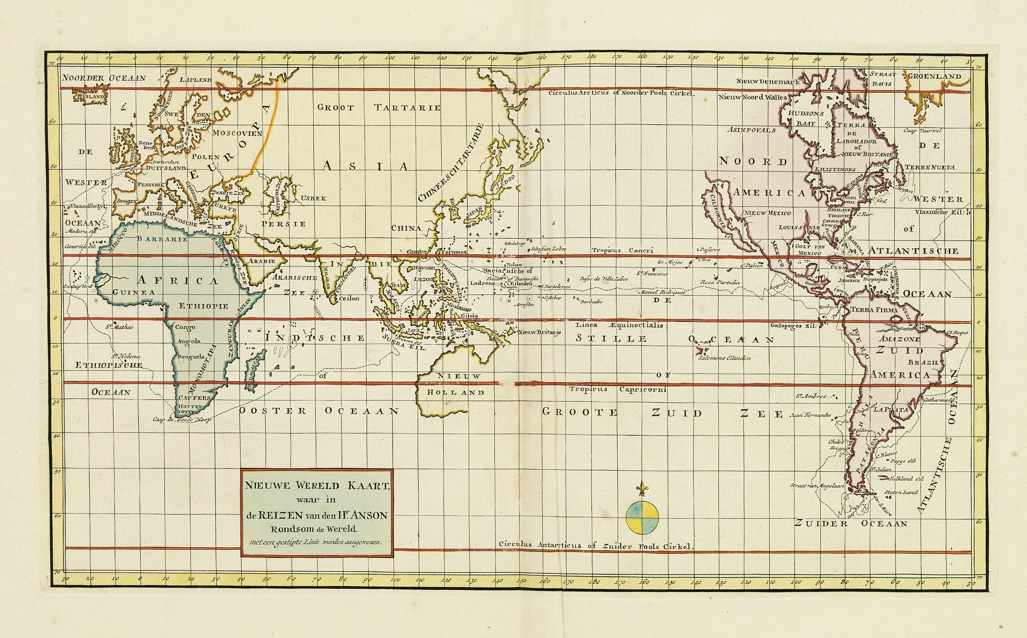 TIRION, I., Nieuwe Wereld Kaart waar in de Reizen van den Hr. Anson rondsom de Wereld met een gestipte Linie worden Aangewezen., antique map, old maps