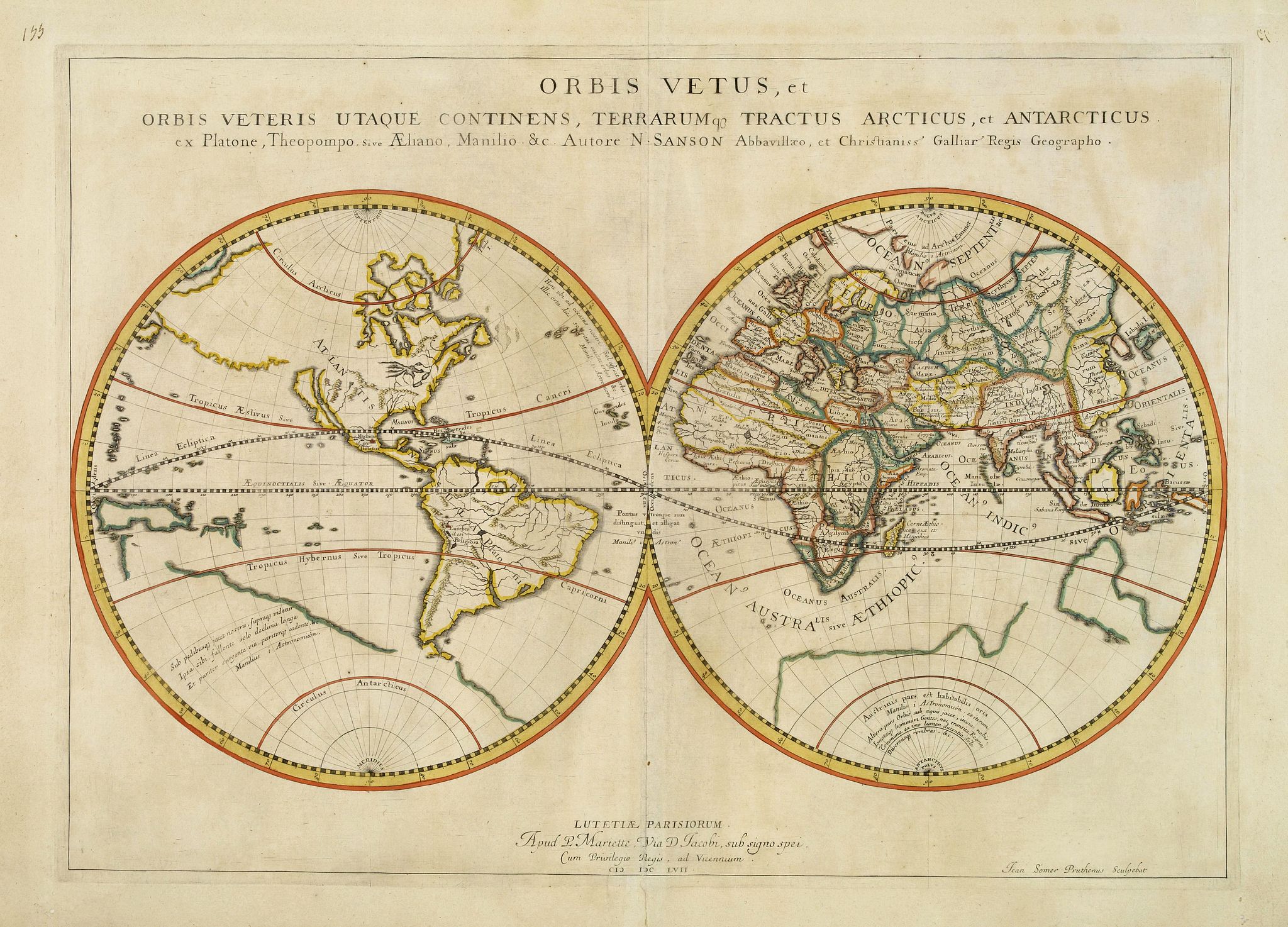 SANSON, N., Orbis Vetus, et Orbis Veteris, utraque Continens, Terrarumq Tractus Arcticus, et Antarcticus ex Platone, Theopompo sive Aehano, Manilio. . . Auctore N.Sanson. . ., antique map, old maps