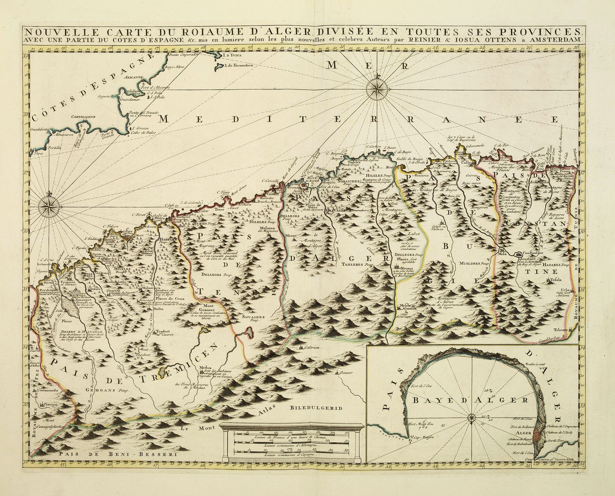 OTTENS, R. / J., Nouvelle carte du Roiaume D\'Alger divisée en toutes ses provinces, avec une partie due cotes D\'Espagne . . ., antique map, old maps