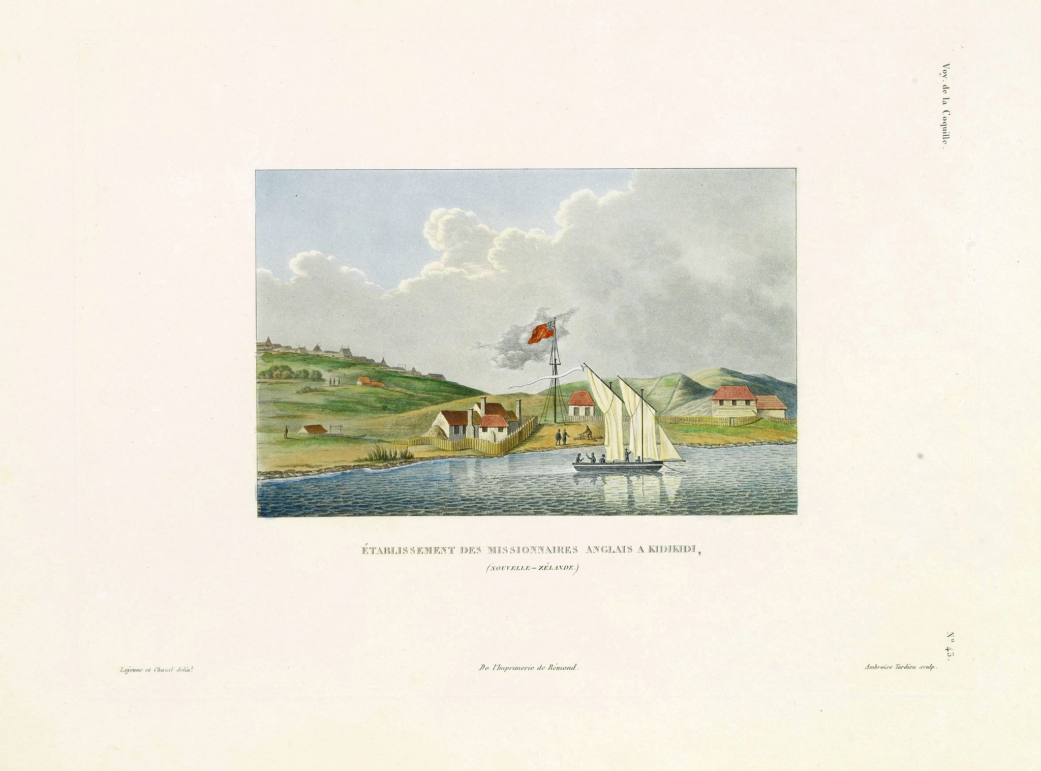 DUPERREY, L.I., Etablissement des Missionnaires Anglais a Kidikidi (Nouvelle-Zélande), antique map, old maps