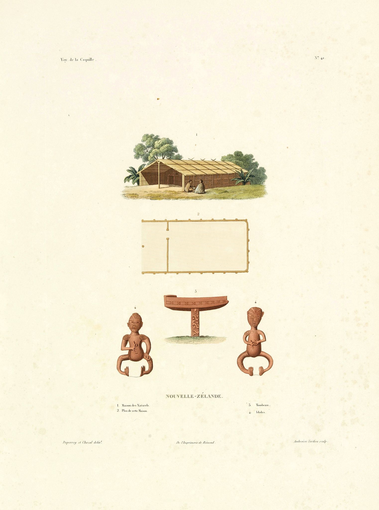 DUPERREY, L.I., Nouvelle-Zélande. 1. Maison des Naturels. 2. plan de cette Maison. 3. Tombeau. 4. Idoles., antique map, old maps