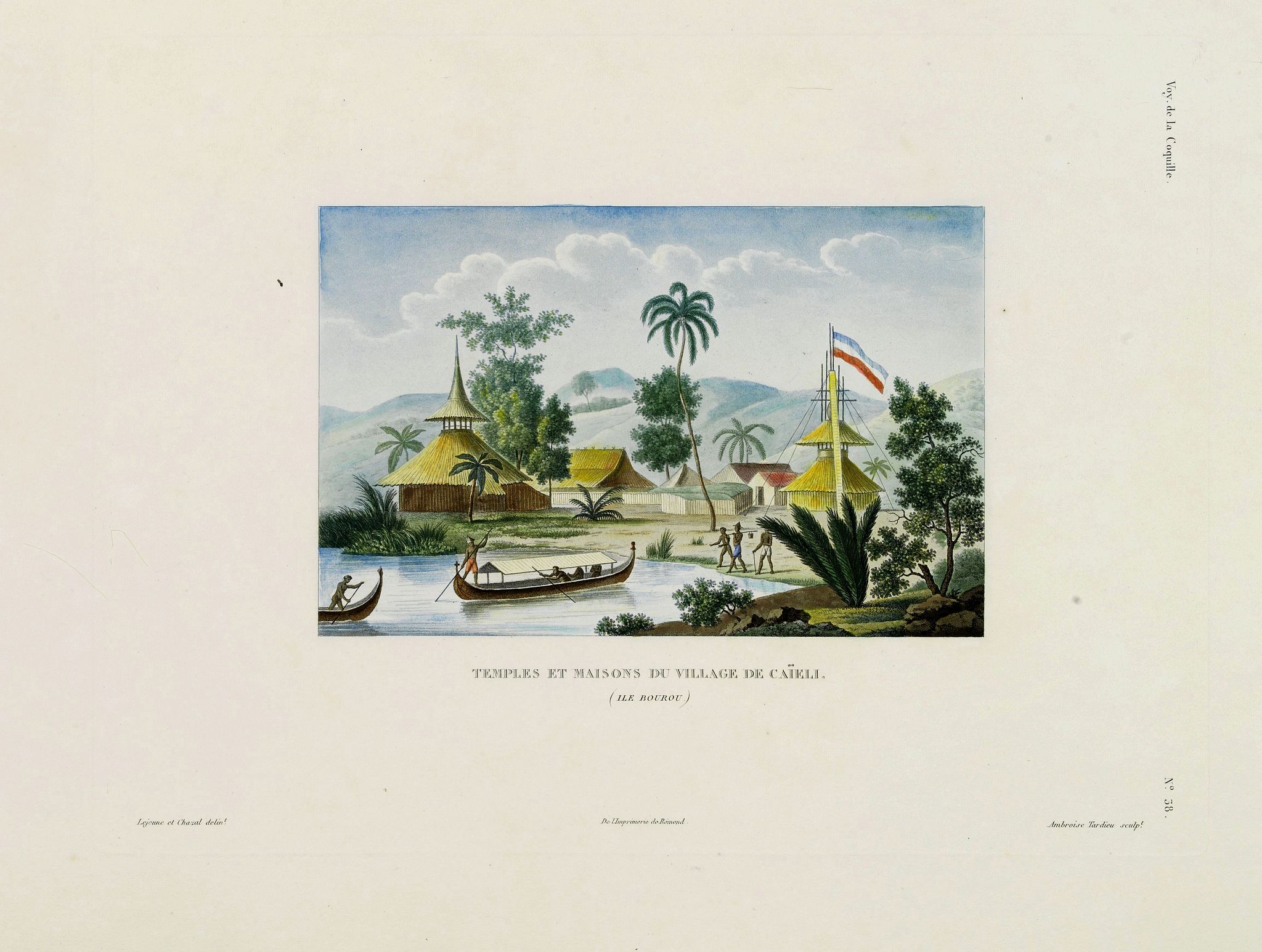DUPERREY, L.I., Temple et Maison du village de Caïeli (Ile Bourou), antique map, old maps