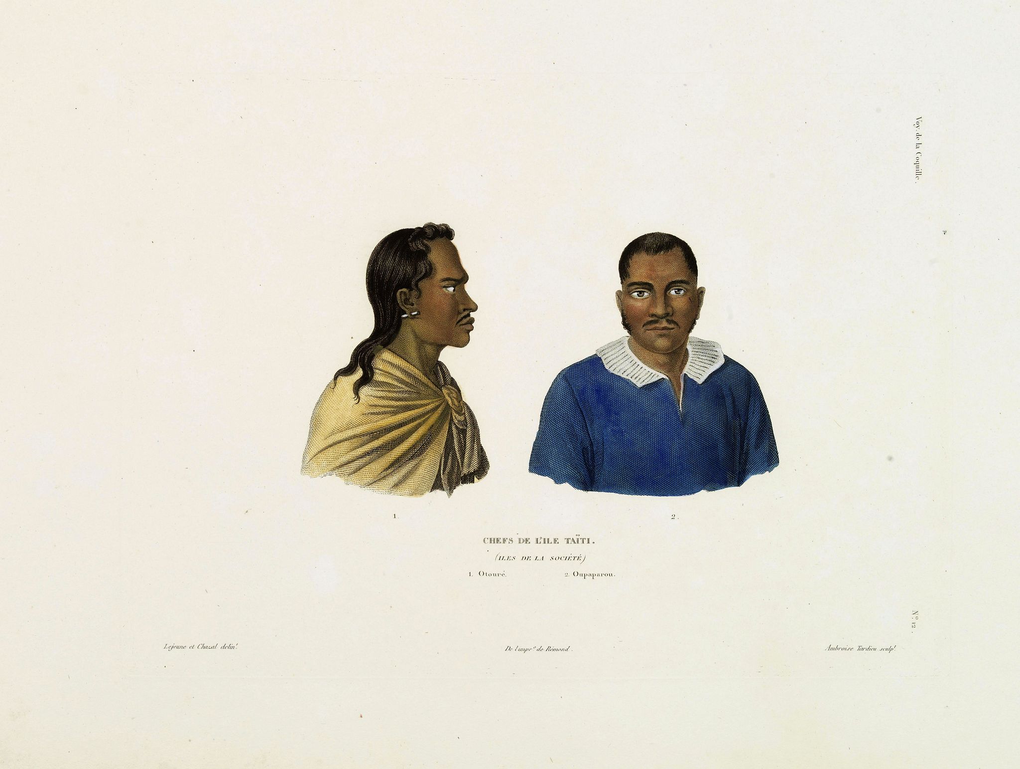 DUPERREY, L.I., Chefs de L'Isle Taïti. (Isles de la Sociéte) 1. Otouré. 2. Oupaparou., antique map, old maps