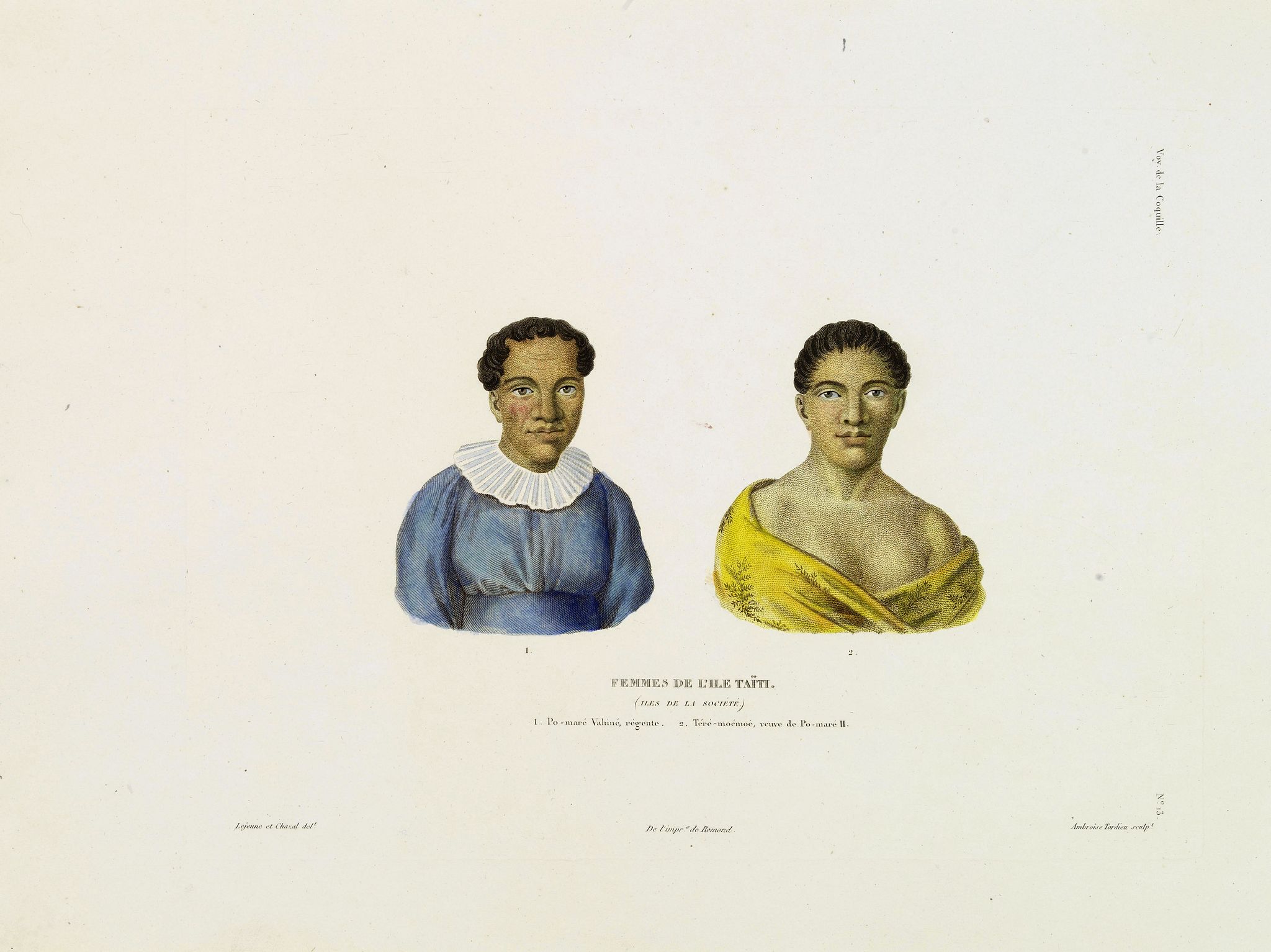 DUPERREY, L.I., Femmes de L'Isle Taïti. (Isles de la Sociéte) 1. Po-maré Vahiné, régente. 2. Téré-moémoé, veuve de Po-maré II., antique map, old maps