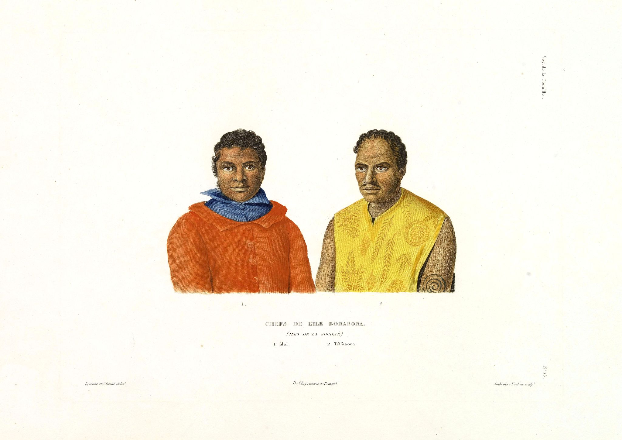 DUPERREY, L.I., Chefs de l'Isle Borabora. (Isles de la Société) 1. Maï 2. Téffaaora., antique map, old maps