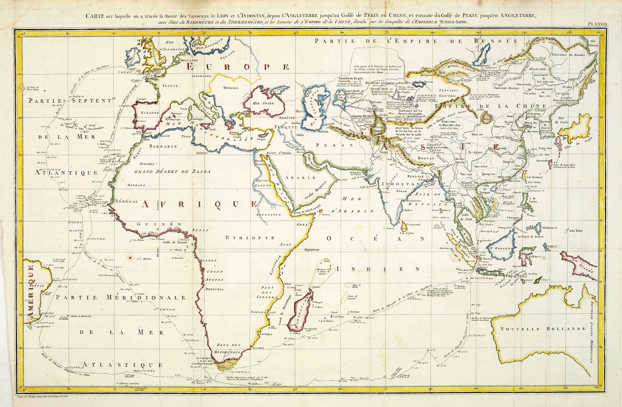 TARDIEU, P.F., Carte sur laquelle on a tracé la Route des Vaisseaux le Lion et l' Indostan depuis l' Angleterre jusqu'au Golfe de Pékin en Chine, antique map, old maps
