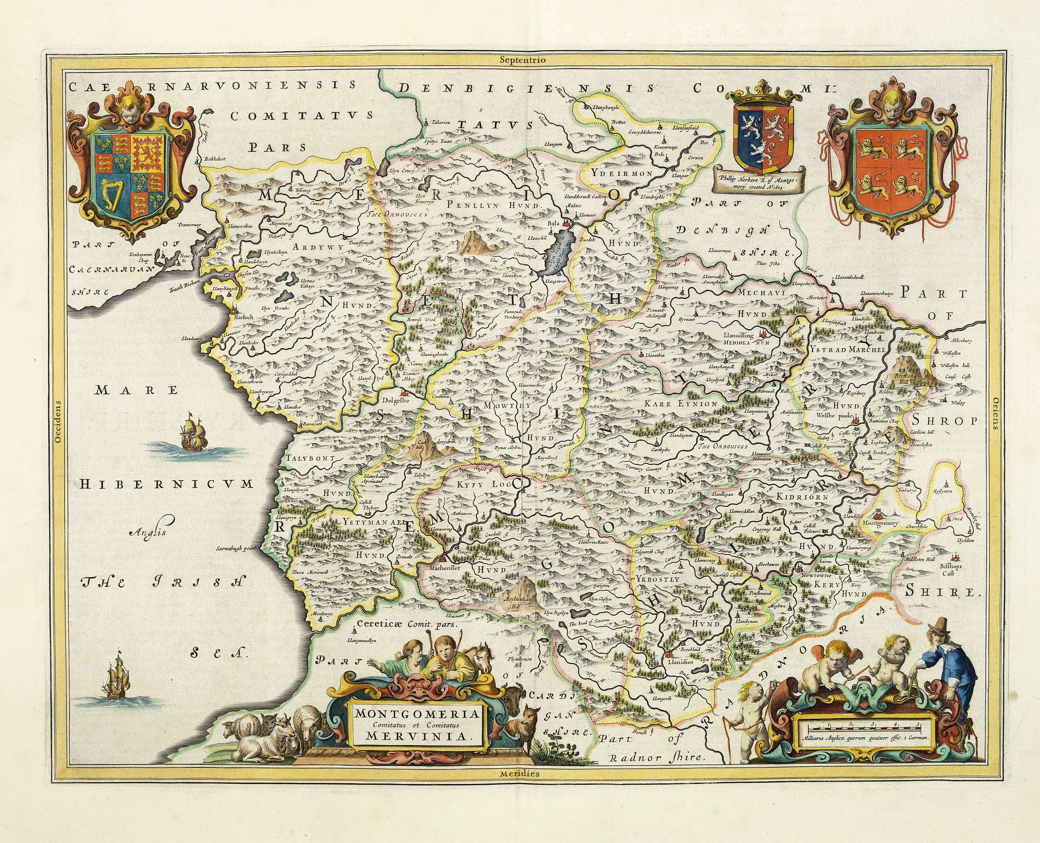 BLAEU, J., Montgomeria Comitatus et Comitatus Mervinia., antique map, old maps