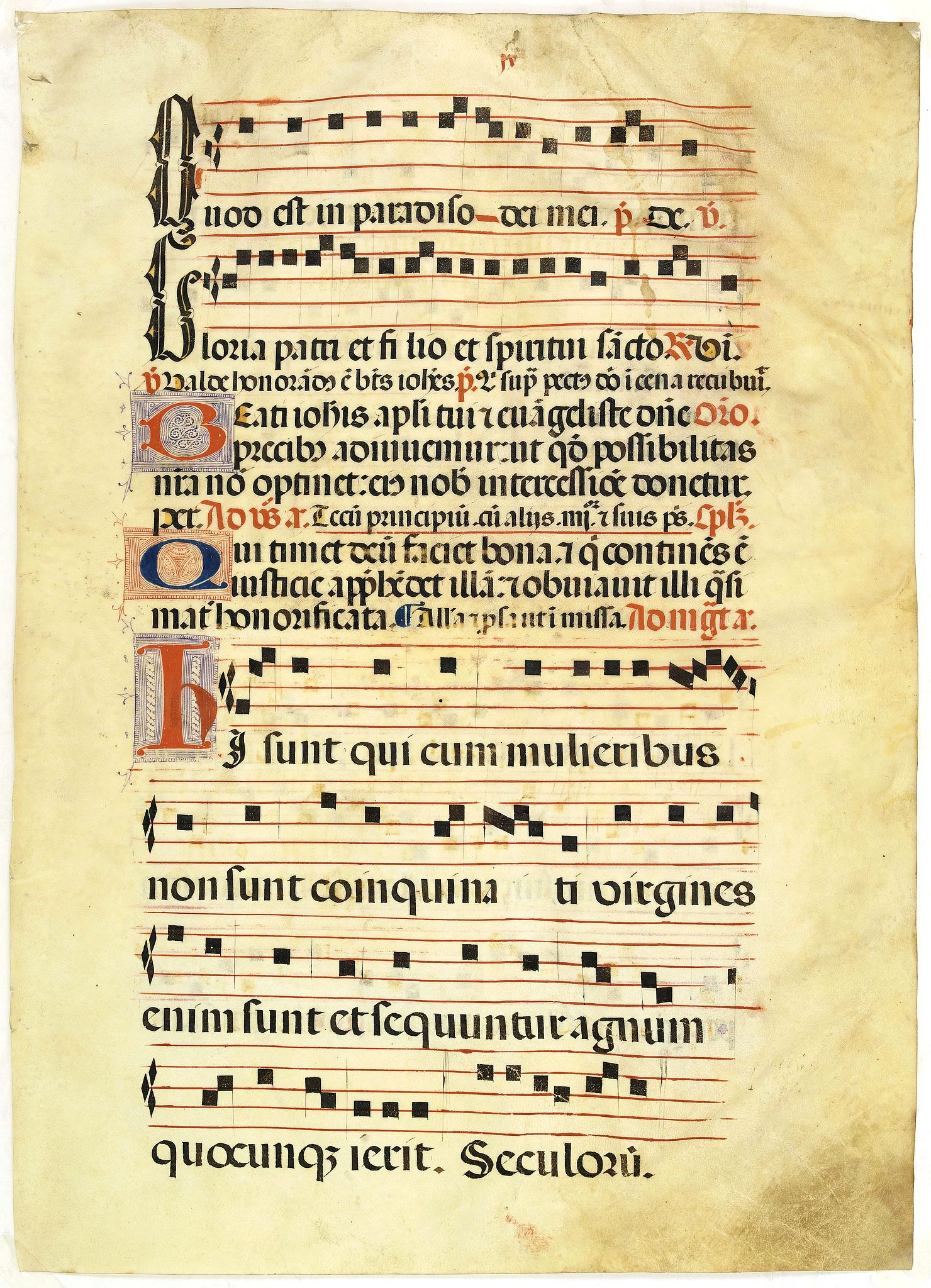 ANTIPHONARIUM., Leaf on vellum from a antiphonary., antique map, old maps