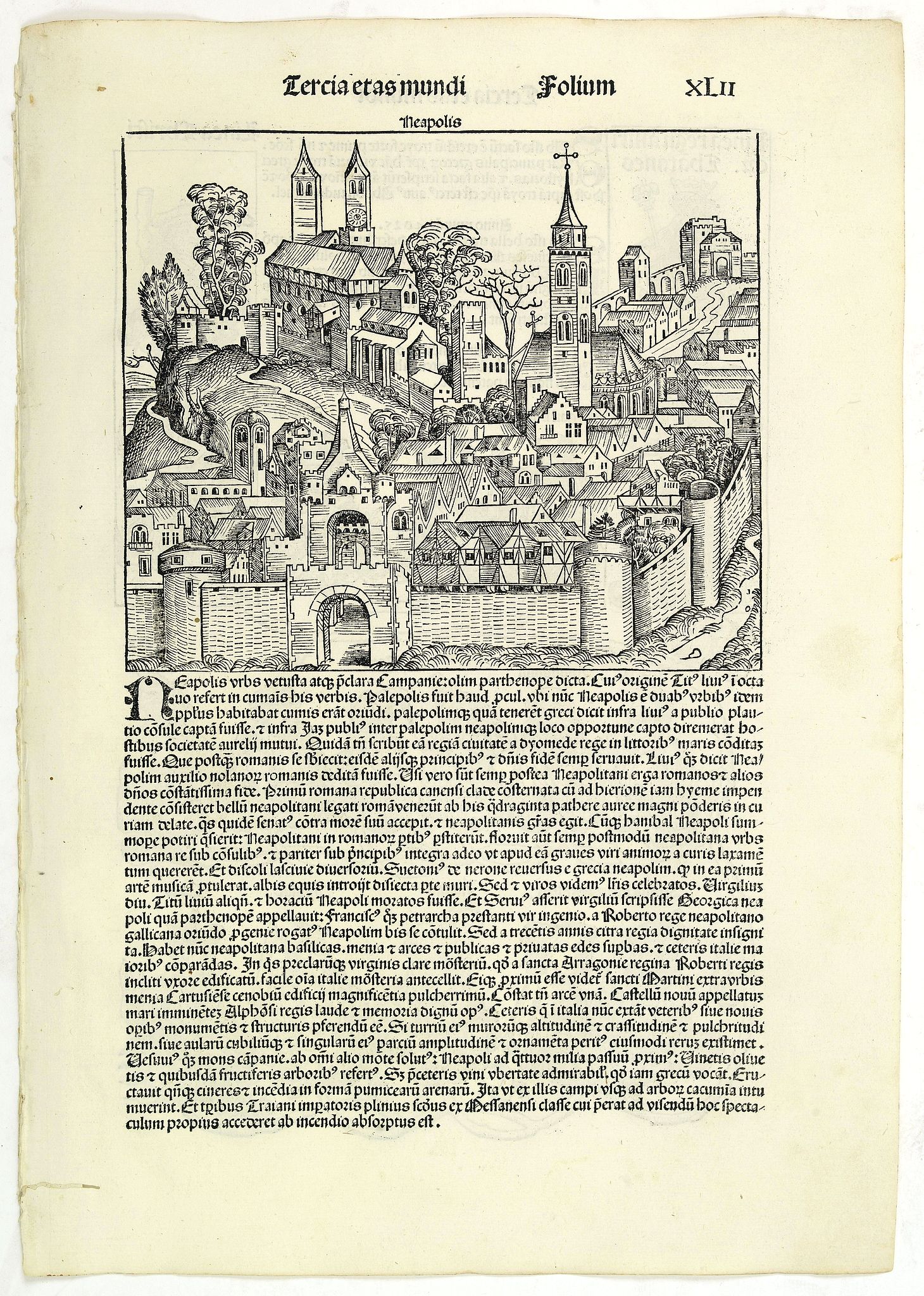 SCHEDEL, H.,  Neapolis - Tercia Etas Mundi. Folium. XLII [With view of Naples), antique map, old maps