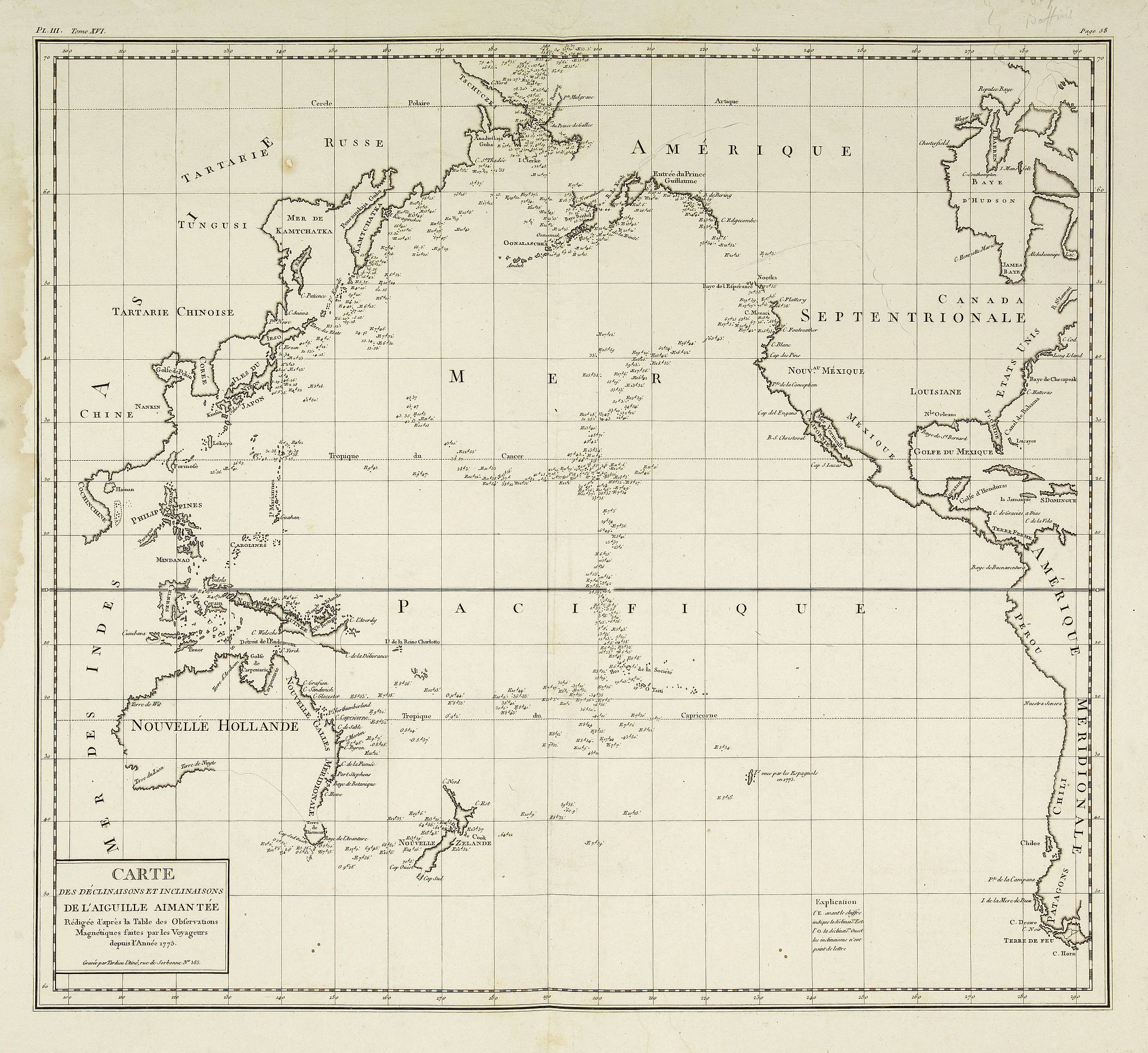 TARDIEU, A.F., Carte des déclinaison et inclinaisons de l'aiguille aimantée. . ., antique map, old maps