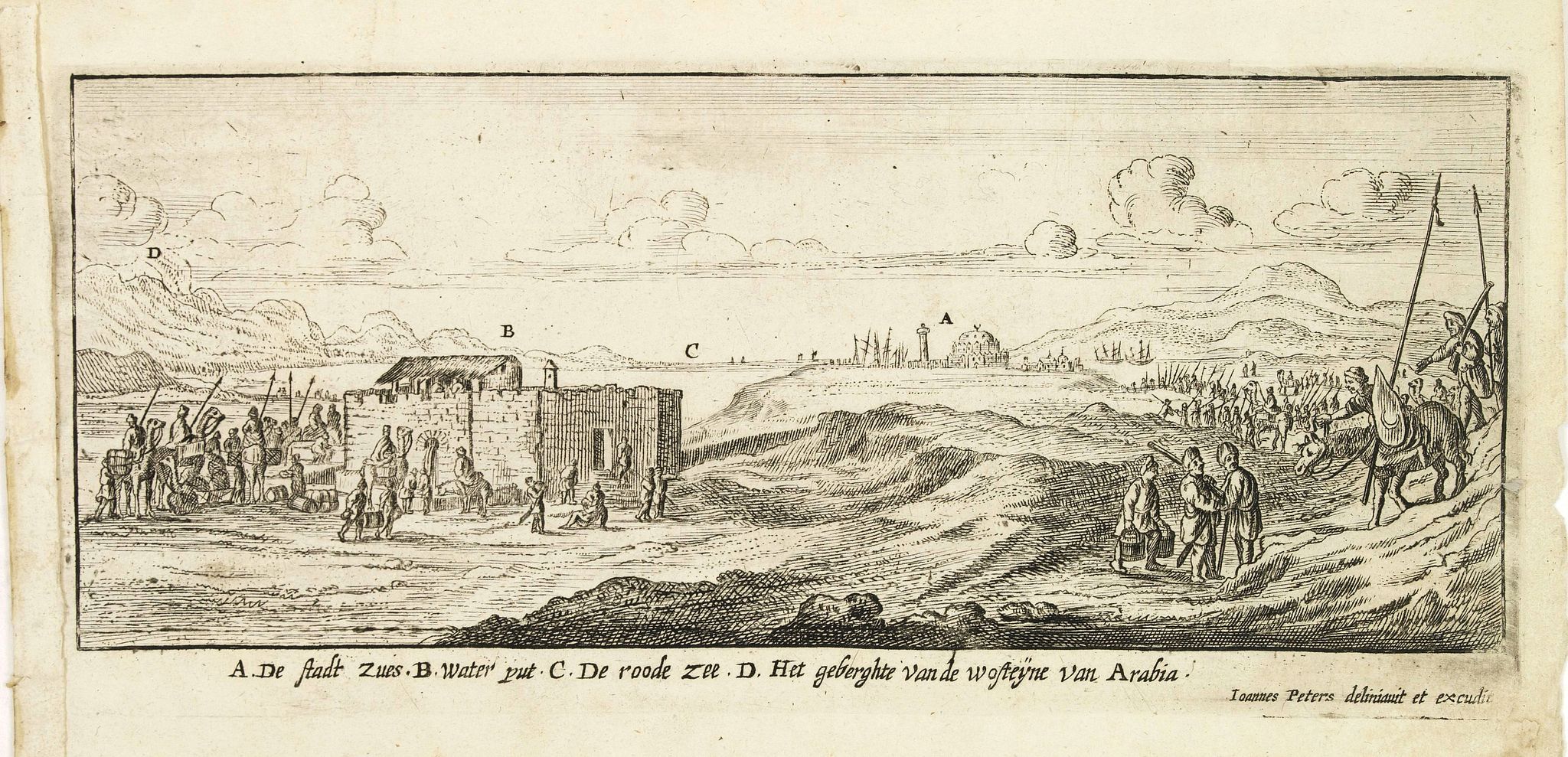 PEETERS, J. / BOUTTATS, G., A De Stadt Zues. B Water put. C De roode Zee. D het geberghte van de wofteyne van Arabia. (Suez), antique map, old maps