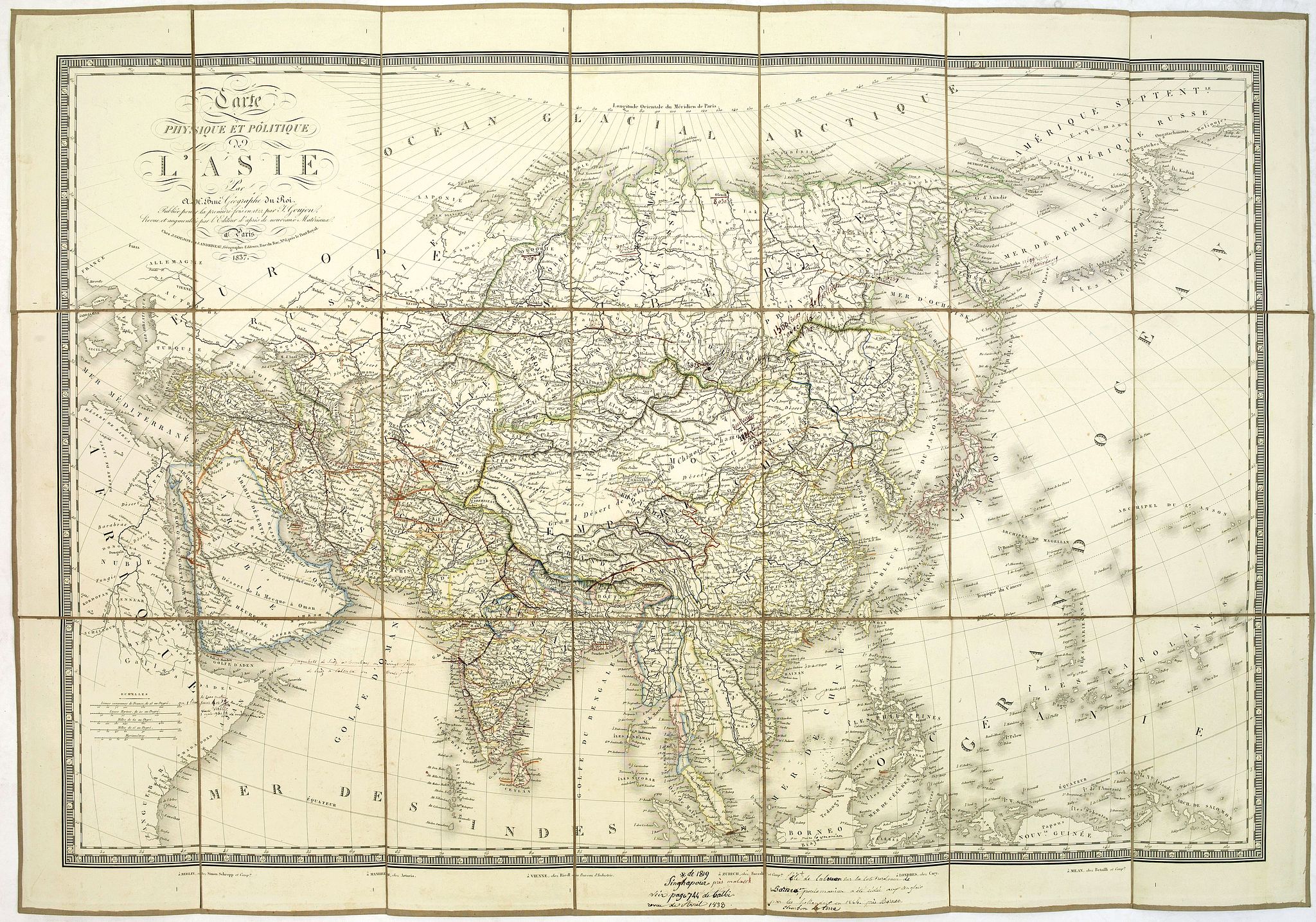 BRUE, A-H., Carte physique et politique de l'Asie. Publiée pour la première fois en 1822 par J. GOUJON. Revue et augmentée par l'éditeur d'après de nouveaux matériaux., antique map, old maps