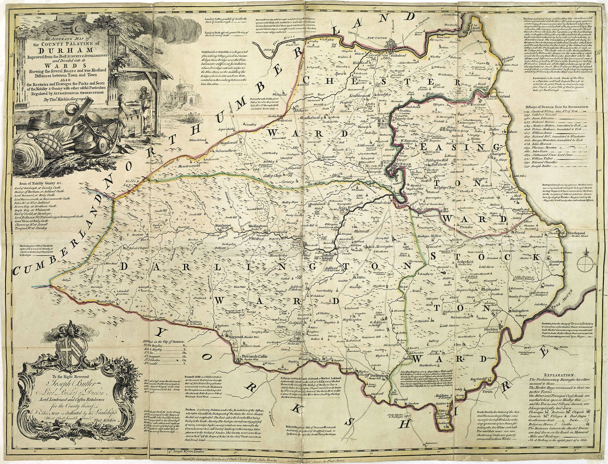 KITCHIN, T., An accurate map of the county Palatine of Durham. . ., antique map, old maps