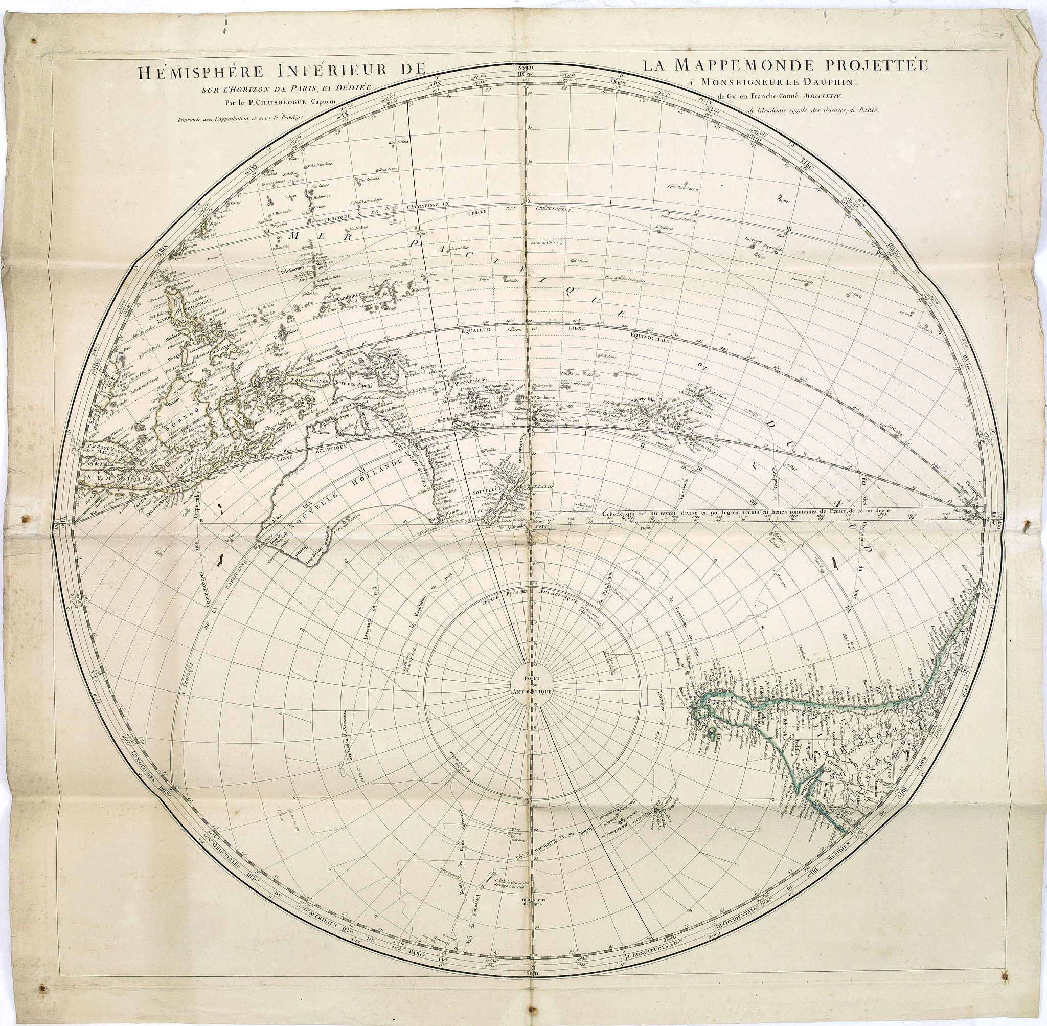 CHRYSOLOGUE, le père., Hémisphere inférieur de la mappemonde projettée sur l'horizon de Paris,. . ., antique map, old maps