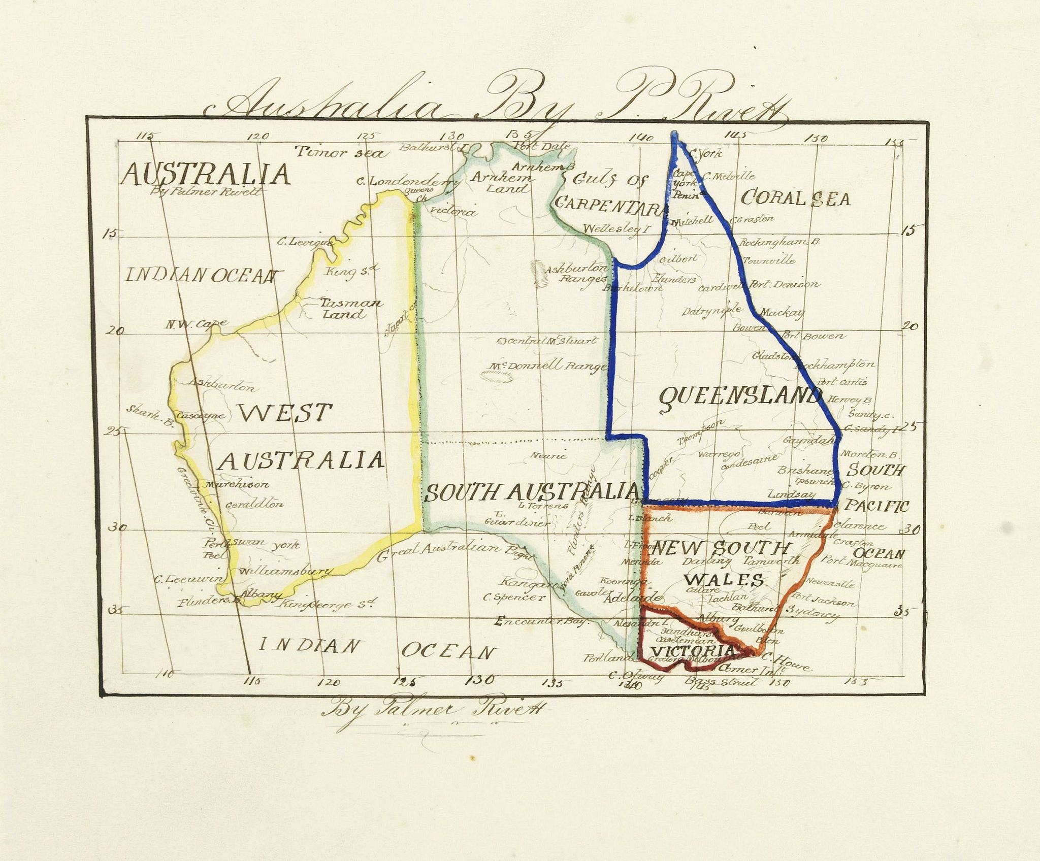 RIVETTE, P., Australia by P.Rivett., antique map, old maps