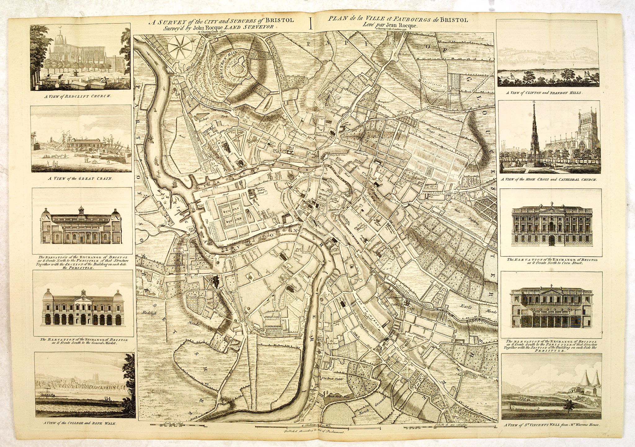 ROCQUE, J., A Survey of the City and Suburbs of Bristol Survey'd by John Rocque Land Surveyor at Charing Cross, 1750 / Plan de la Ville et Faubourgs de Bristol Leve par Jean Rocque a Charing Cross a Londres 1750, antique map, old maps