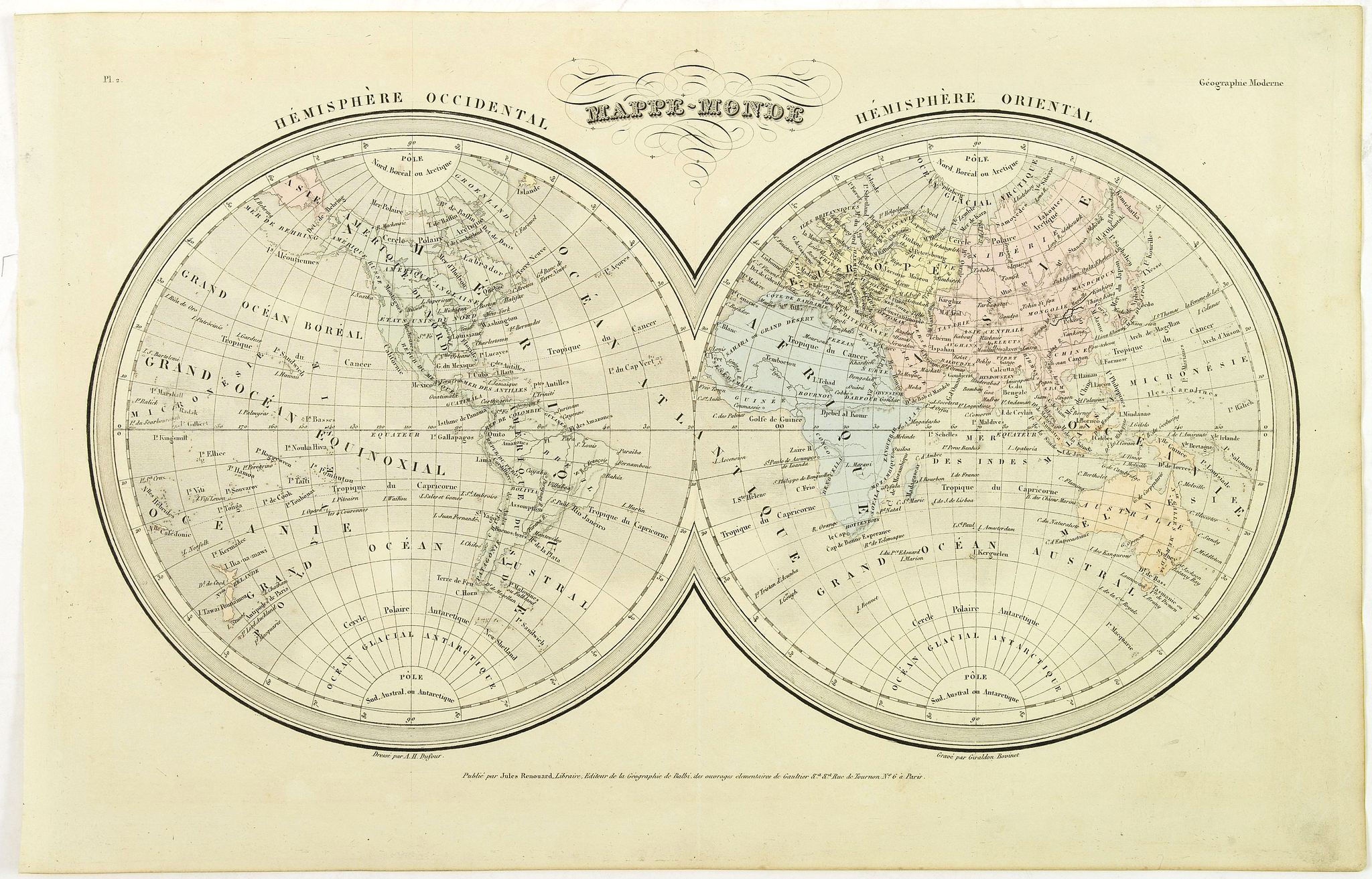 DUFOUR, A.H., Mappe-Monde., antique map, old maps