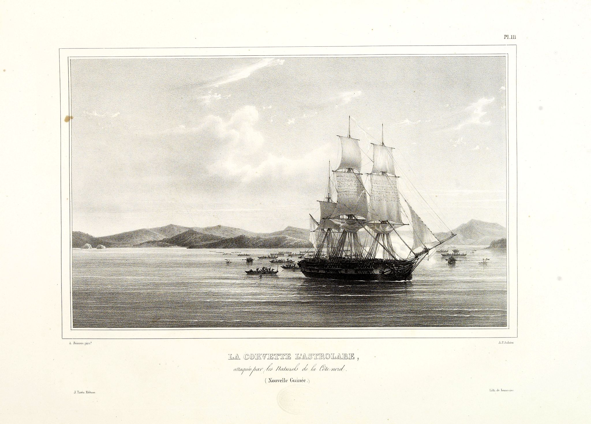 De SAINSON, P., La corvette l'astrolabe attaquée par les naturels de la cote nord. (New Guinea), antique map, old maps