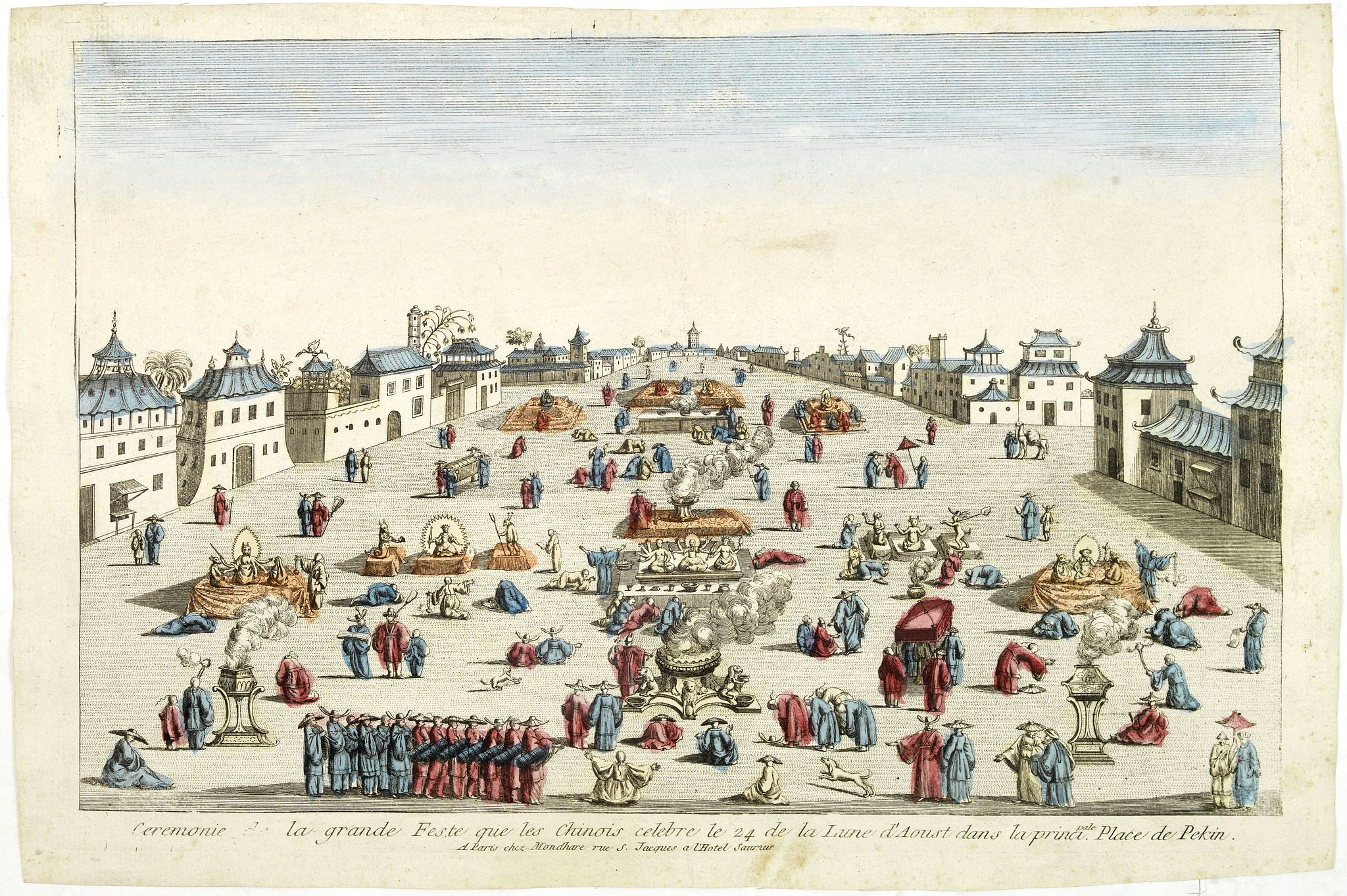 MONDHARE, Ceremonie de la grande Feste que les Chinois celebre le 24 de la Lune d'Aoust dans la principale Place de Pekin., antique map, old maps