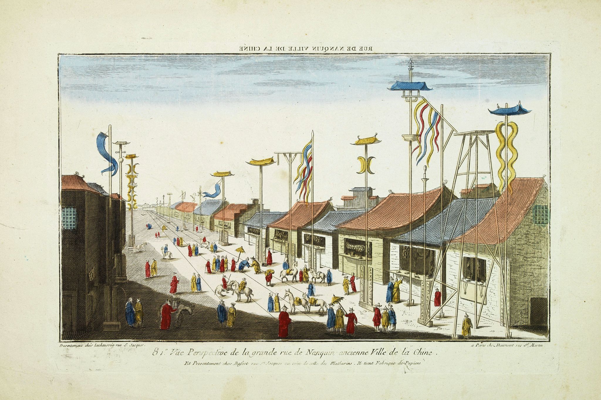 BASSET, Vue perspective de la grande Rue de Nanquin ancienne Ville de la Chine., antique map, old maps