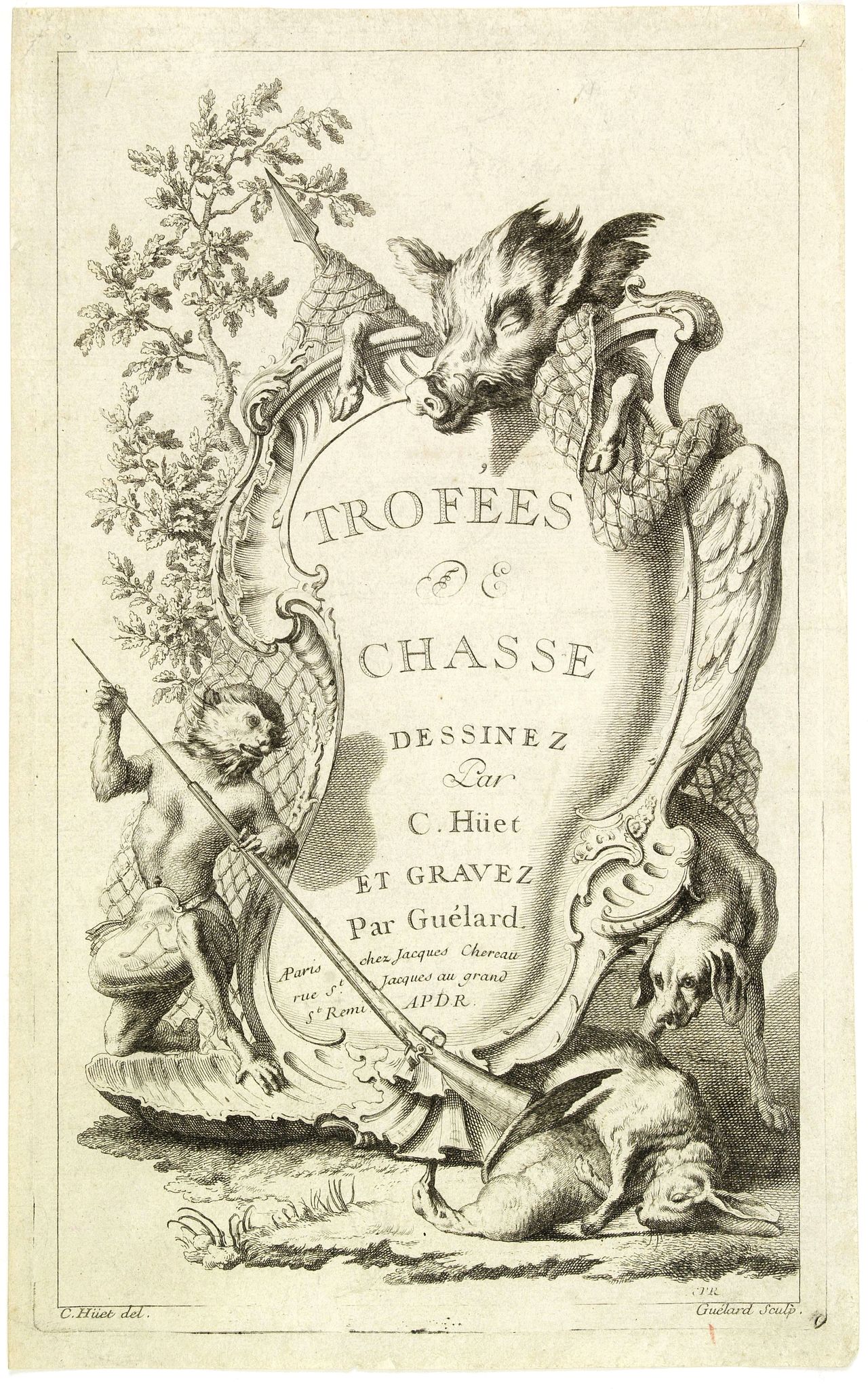 CHEREAU, J., (Title page) Trofées de chasse dessinez par C. Hüet et gravez par Guélard. . ., antique map, old maps