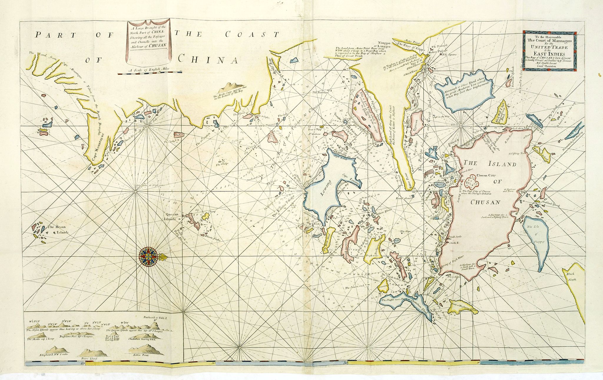 THORNTON, J., A large draught of the North part of CHINA. Shewing all the passages and chanells into the harbour of CHUSAN. / To the honourable the court of mannagers for the UNITED TRADE to the EAST INDIES., antique map, old maps