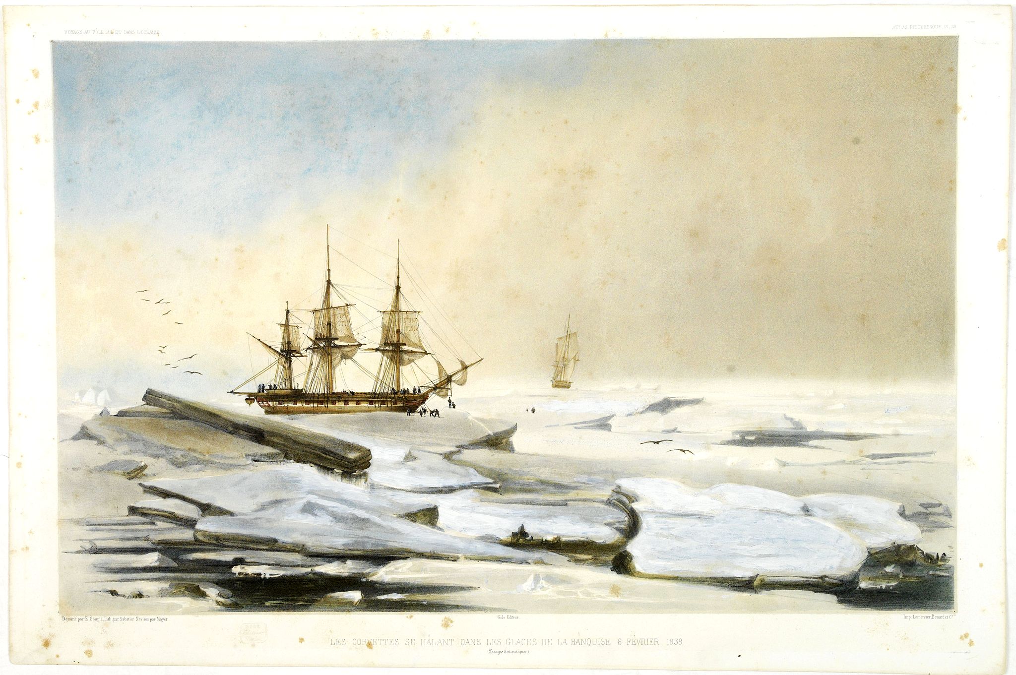 DUMONT D'URVILLE, J., Les Corvettes se halant dans les glaces de la banquise 6 février 1838, antique map, old maps