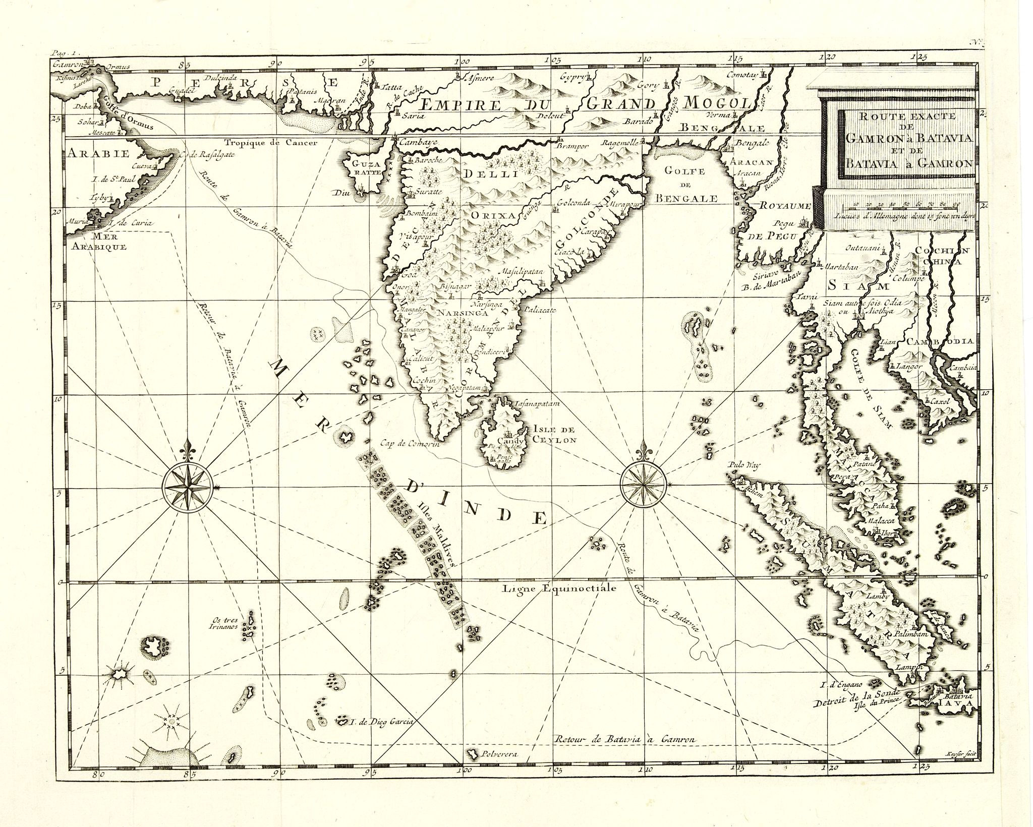 DE BRUYN, C., Route Exacte de Gamron a Batavia et De Batavia a Gamron, antique map, old maps