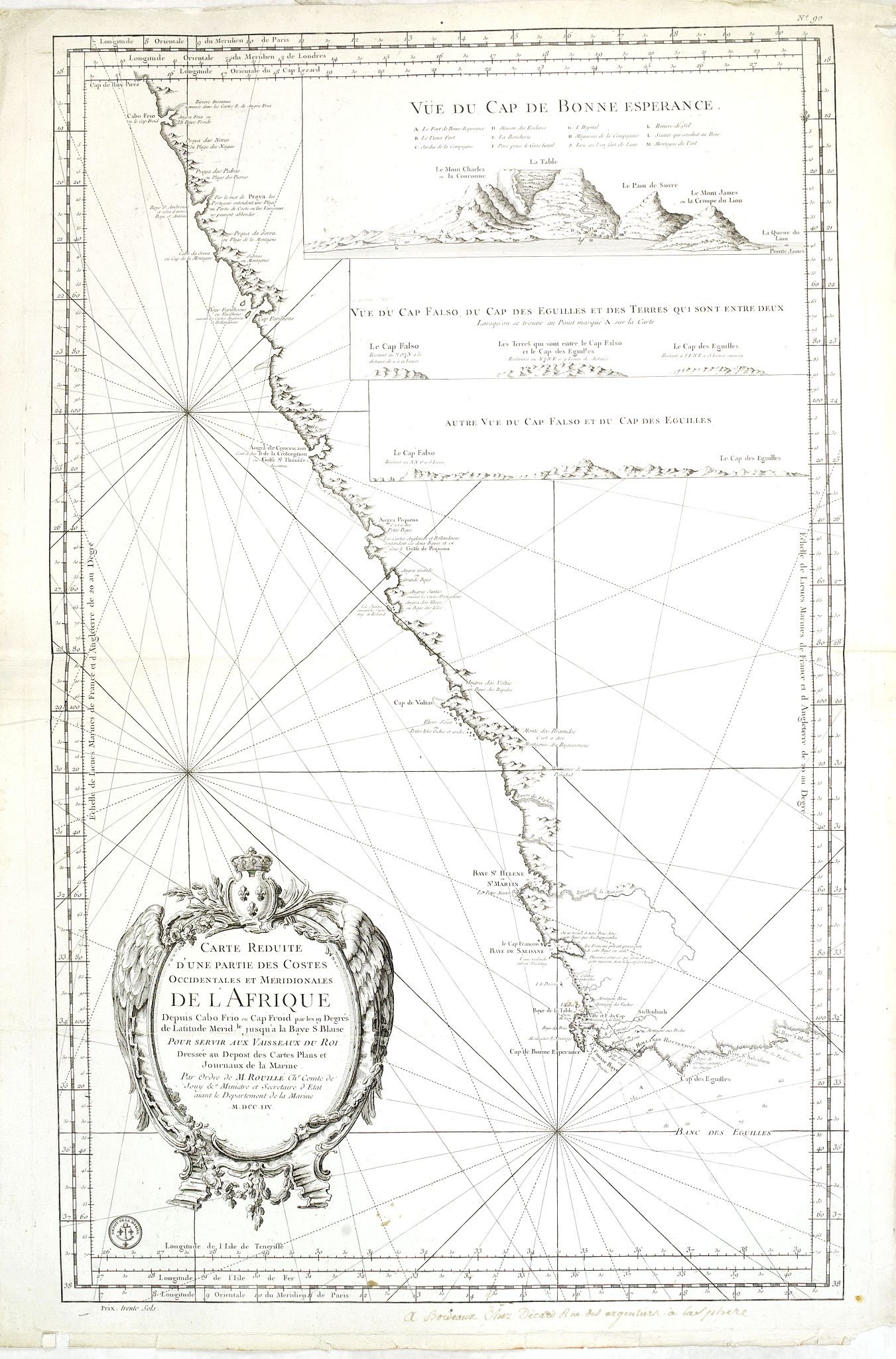 BELLIN, J.N.,  Carte Reduite D'Une Partie Des Costes Occidentales et Meridionales De L'Afrique Depuis Cabo Frio ou Cap Froid . . . Jusque a la Bay S. Blaise . . . MDCCLIV [with view of Cape of Good Hope], antique map, old maps