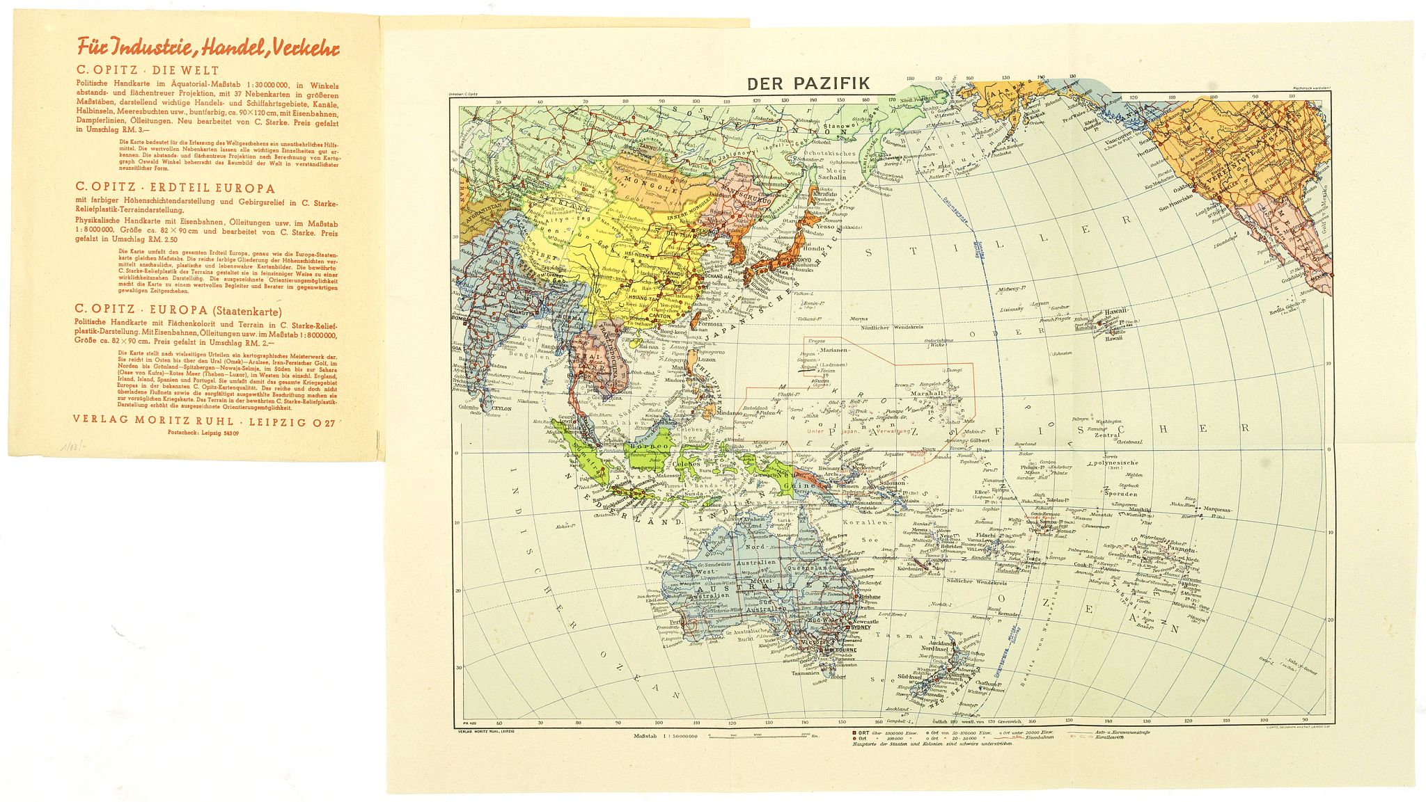 VERLAG MORITZ RUHL, Der Pazifik., antique map, old maps