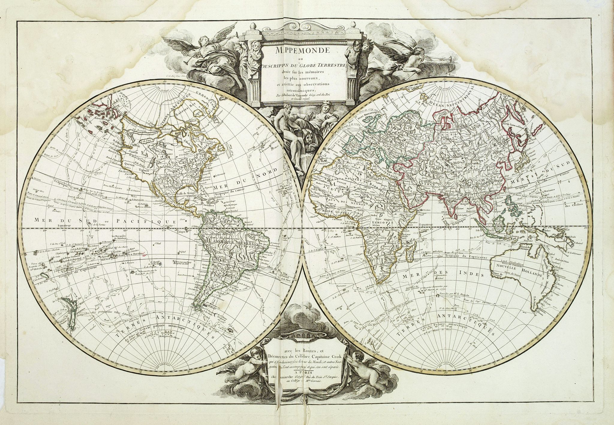 VAUGONDY, R. de., Mappemonde ou description du globe terrestre, dressee sur les memoires les plus nouveaux, et assujettie aux observations astronomiques. . ., antique map, old maps