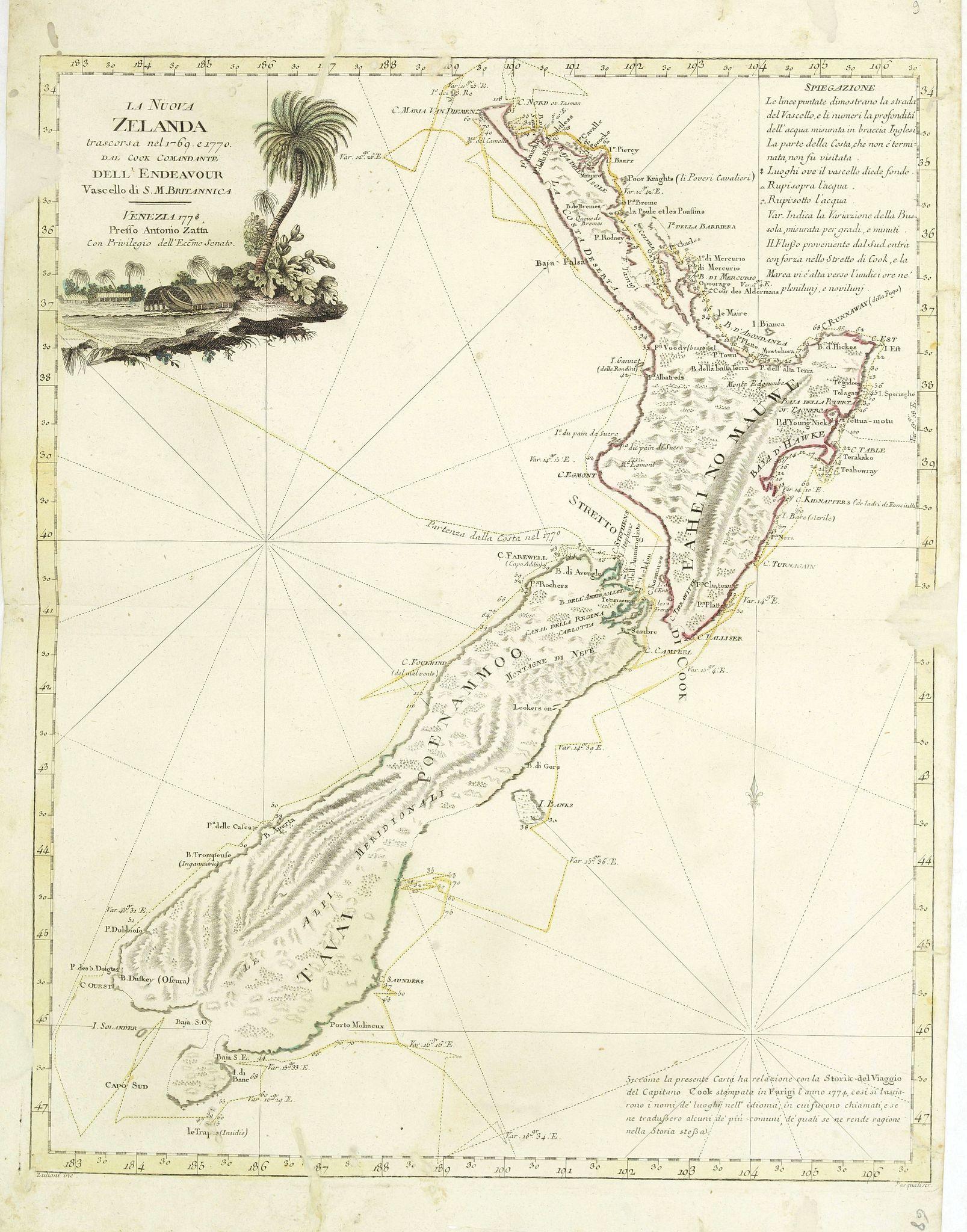 ZATTA, A., La Nuova Zelanda tracorsa nel 1769 e 1770 dal Cook commandante dell' Endeavour Vascello di S.M.Britannica., antique map, old maps