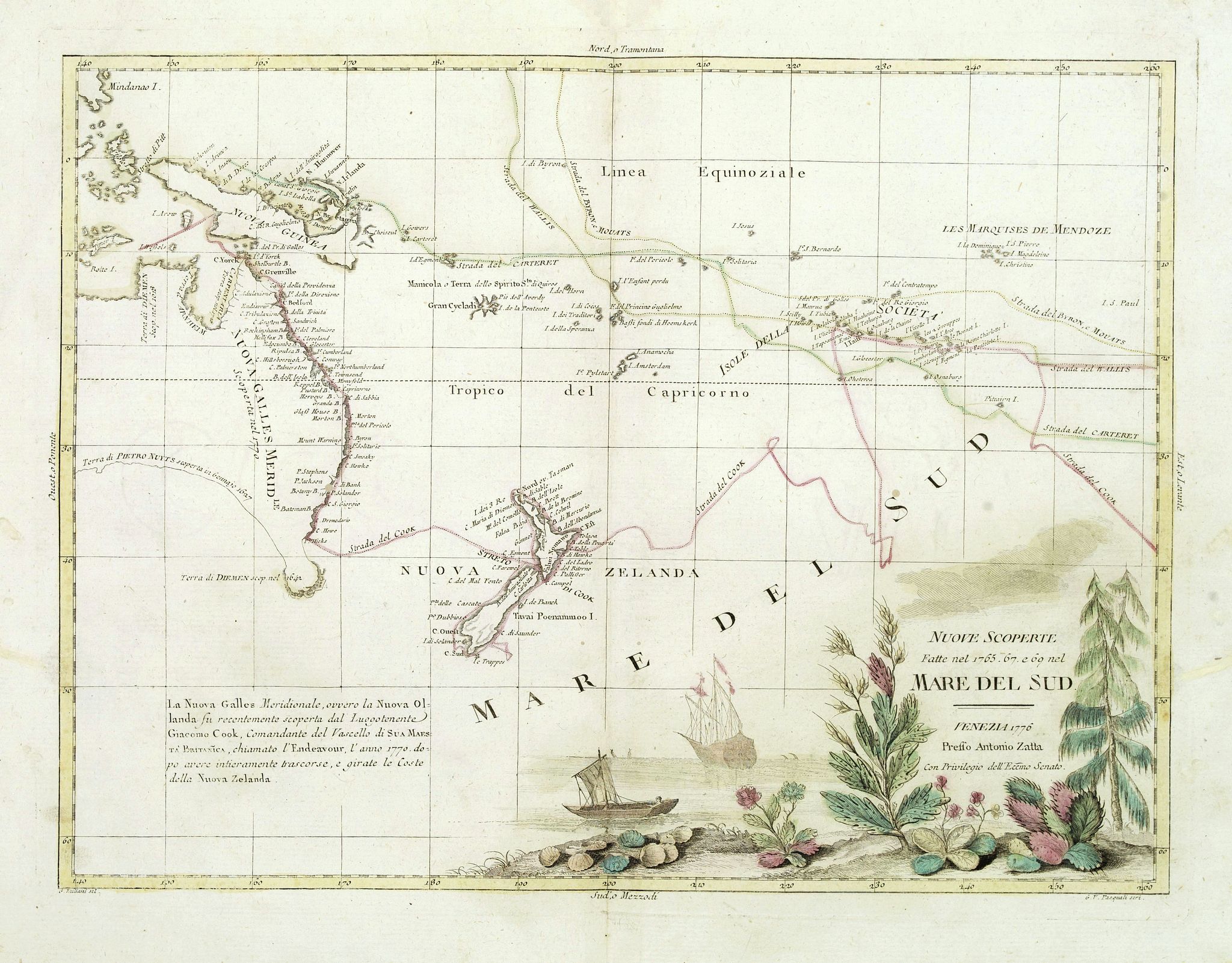 ZATTA, A., Nuove scoperte Fatte nel 1765. 67 e 69 nel Mare del Sud. . ., antique map, old maps
