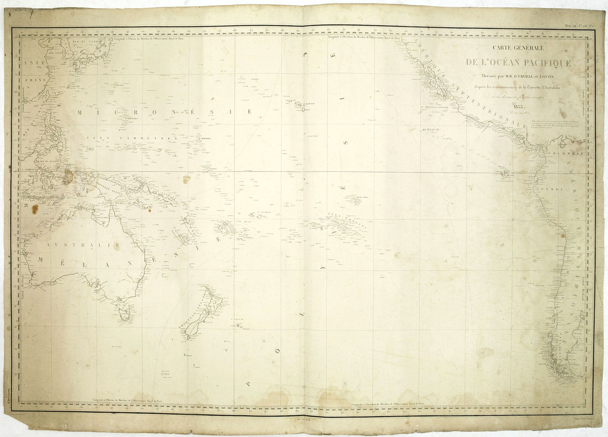 URVILLE, d',. / LOTTIN., Carte générale de l'océan pacifique. . ., antique map, old maps