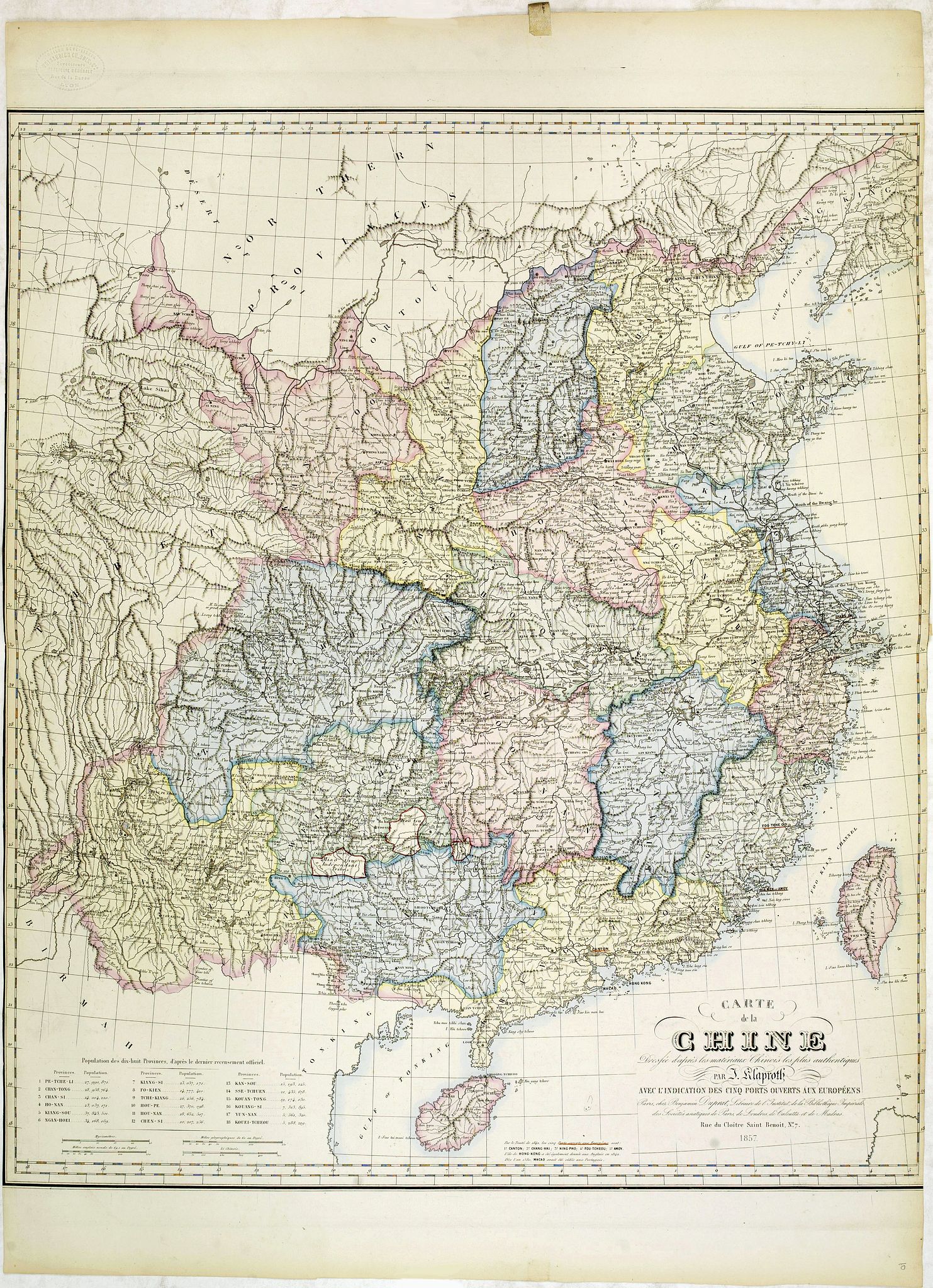 KLAPROTH, J., Carte de la Chine dressée d'après les matériaux Chinois les plus authentiques par J. Klaproth avec l'indication des cinq ports ouverts aux Européens. . ., antique map, old maps