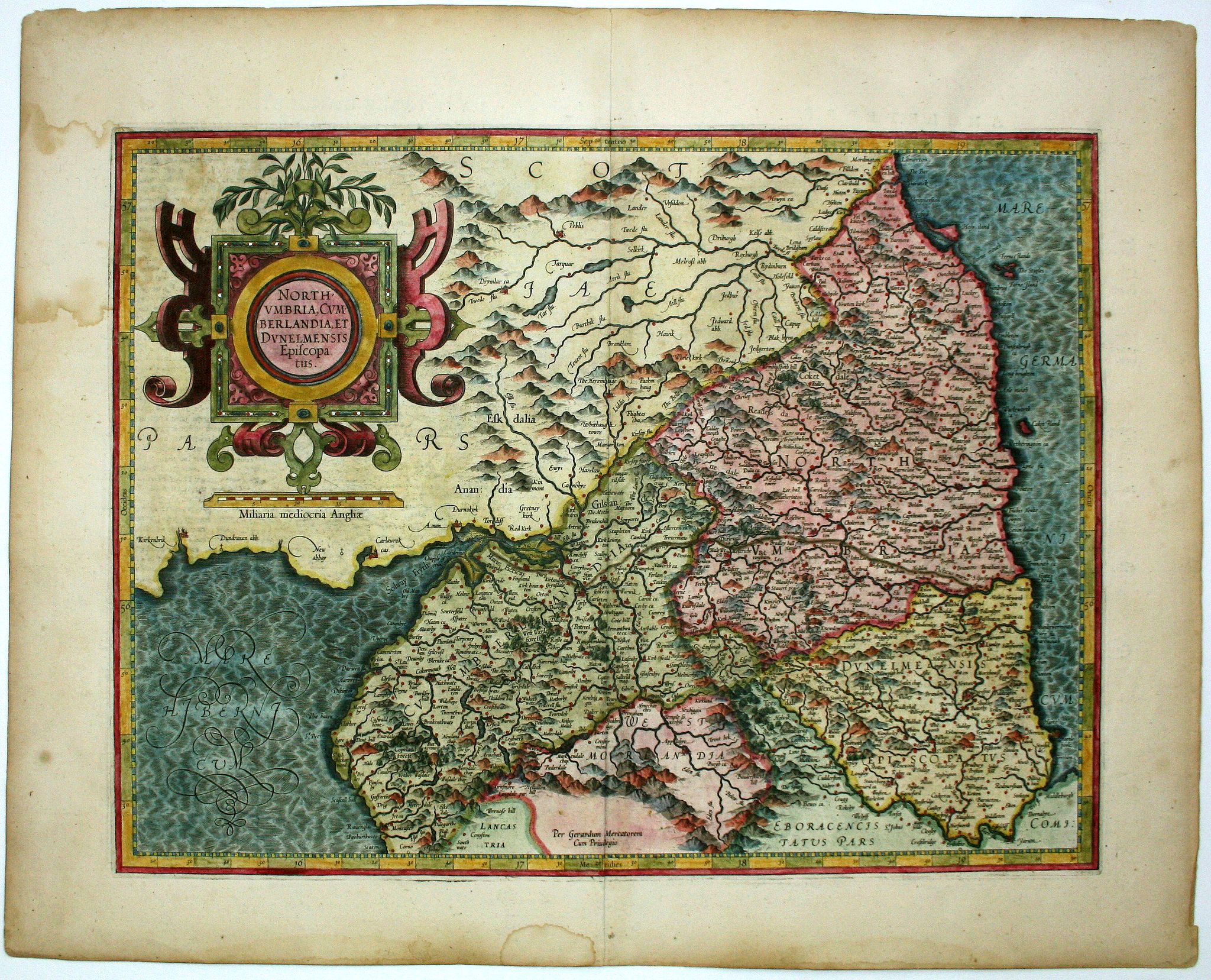 MERCATOR, G./ HONDIUS, J., Northumbria, Cumberlandia et Dunelmensis Episcopatus., antique map, old maps