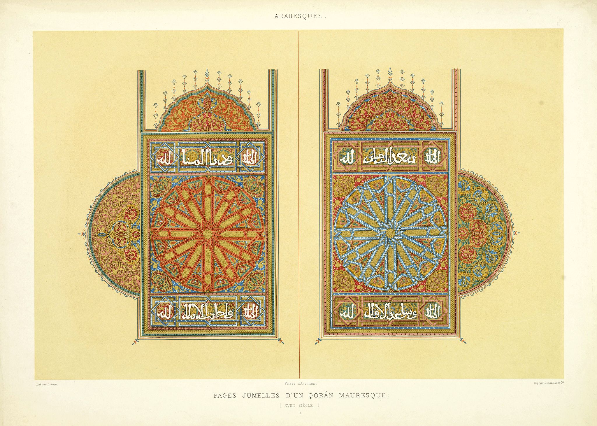 PRISSE D'AVENNES, E., Arabesques. - Pages jumelles d'un qorân mauresque. (XVIIIe siècle.), antique map, old maps