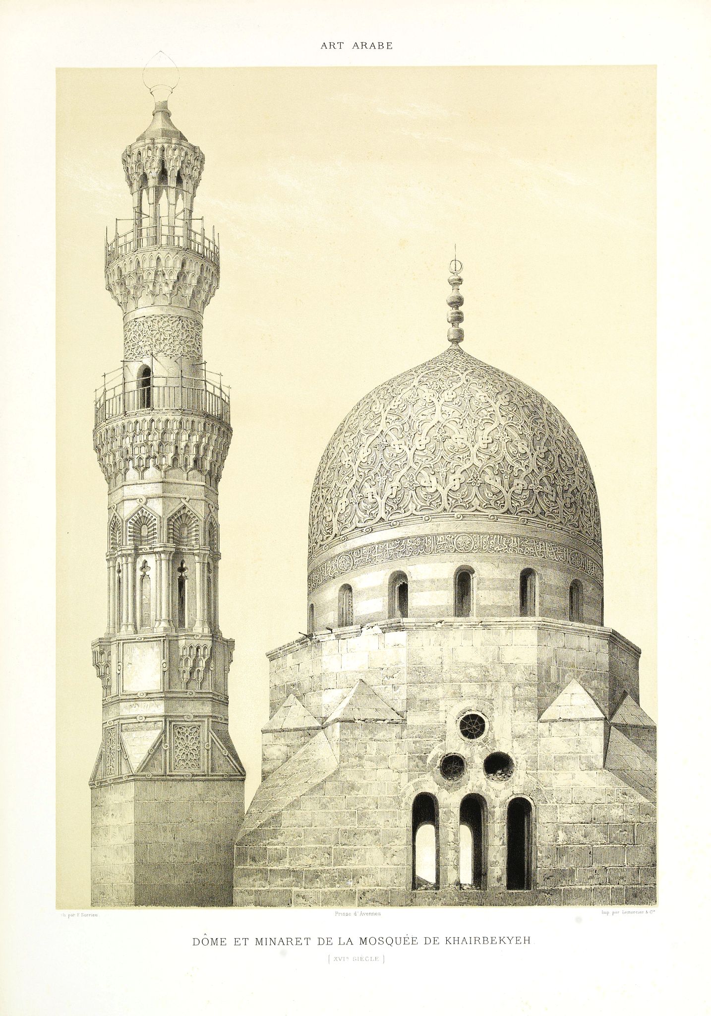 PRISSE D'AVENNES, E., Art arabe. Dôme et minaret de la Mosquée de Khairbekyeh. (XVIe siècle), antique map, old maps