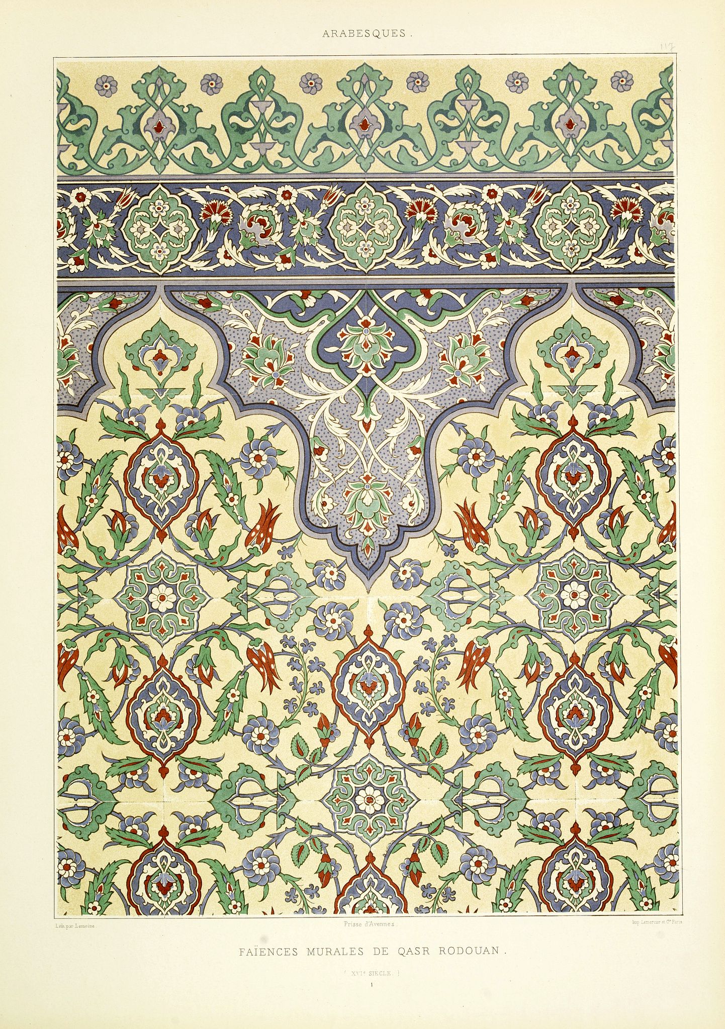 PRISSE D'AVENNES, E., Arabesques. - Faïence murales de Qasr Rodouan. (XVIe siècle.), antique map, old maps