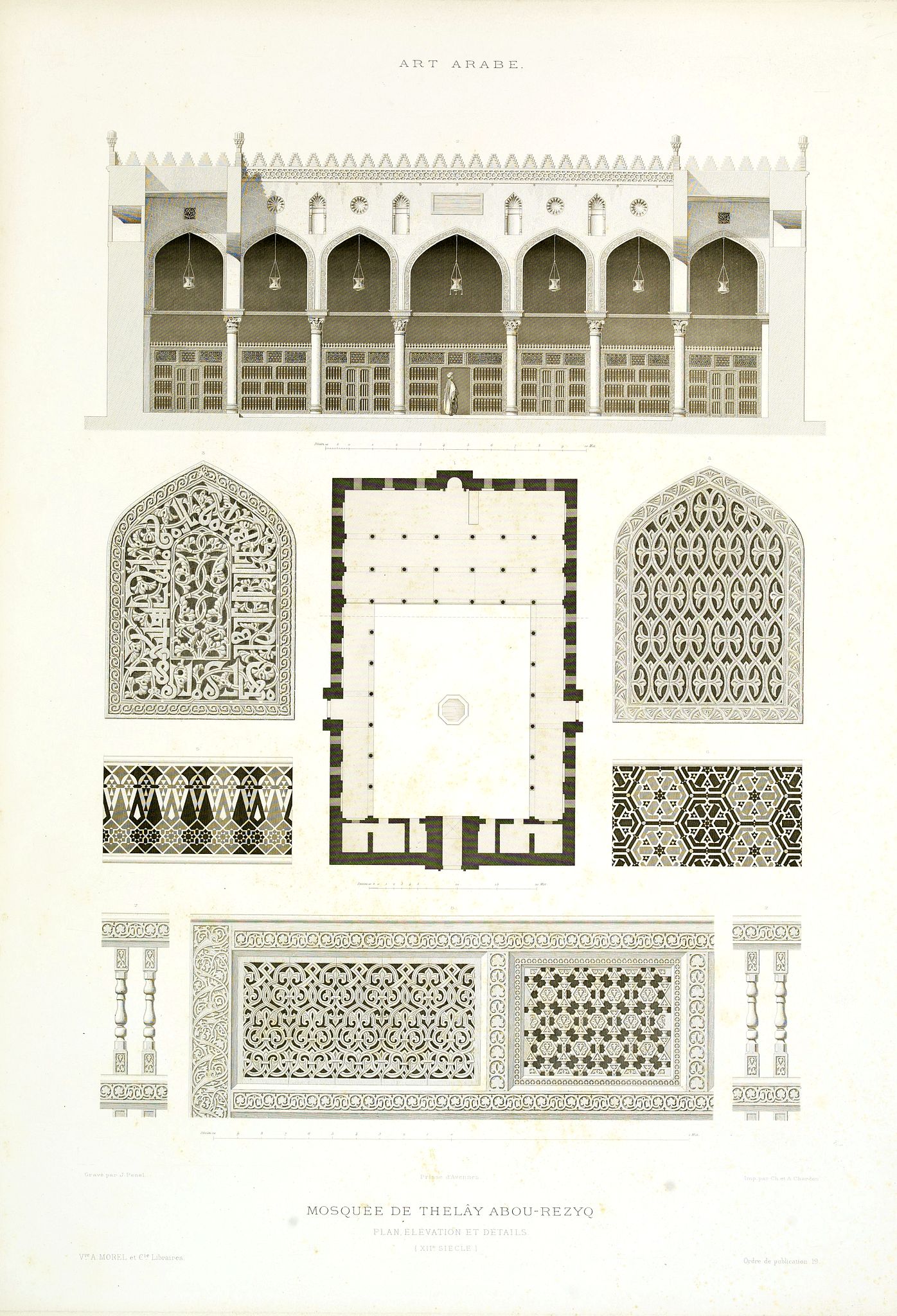 PRISSE D'AVENNES, E., Art arabe. - mosquée de thelây abou-rezyq plan élévation et détails (XIIe siècle.), antique map, old maps