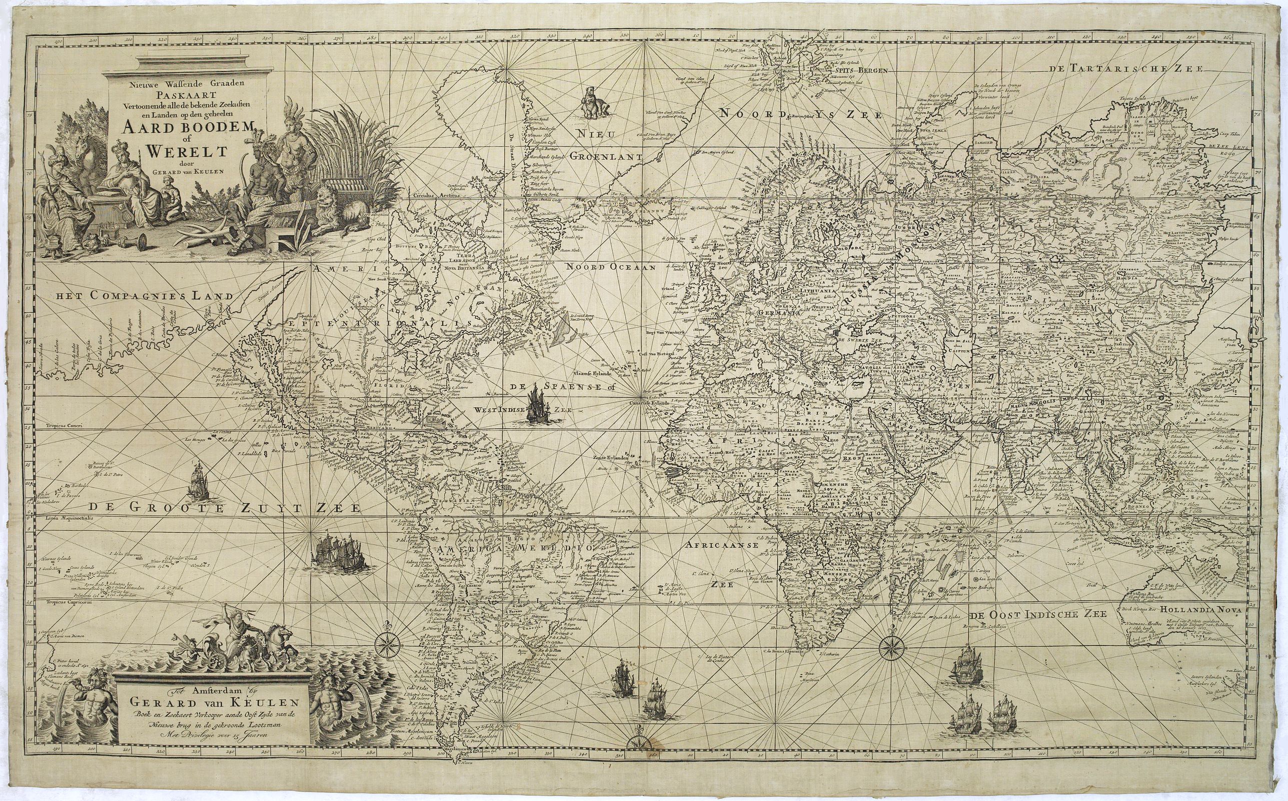 VAN KEULEN, G., Nieuw Wassende Graaden Paskaart Vertoonende alle de bekende Zeekusten en Landen op den geheelen Aard Boodem of Werelt door Gerard van Keulen. . ., antique map, old maps